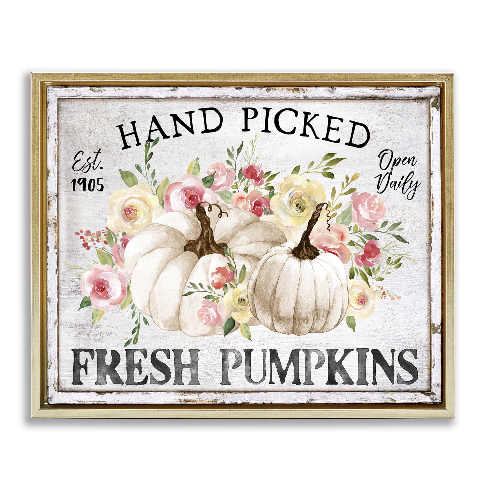 Stupell Industries Hand Picked Pumpkins Holiday Painting Gold Floater Framed Canvas Art Prints Wall Art, 31 x 25
