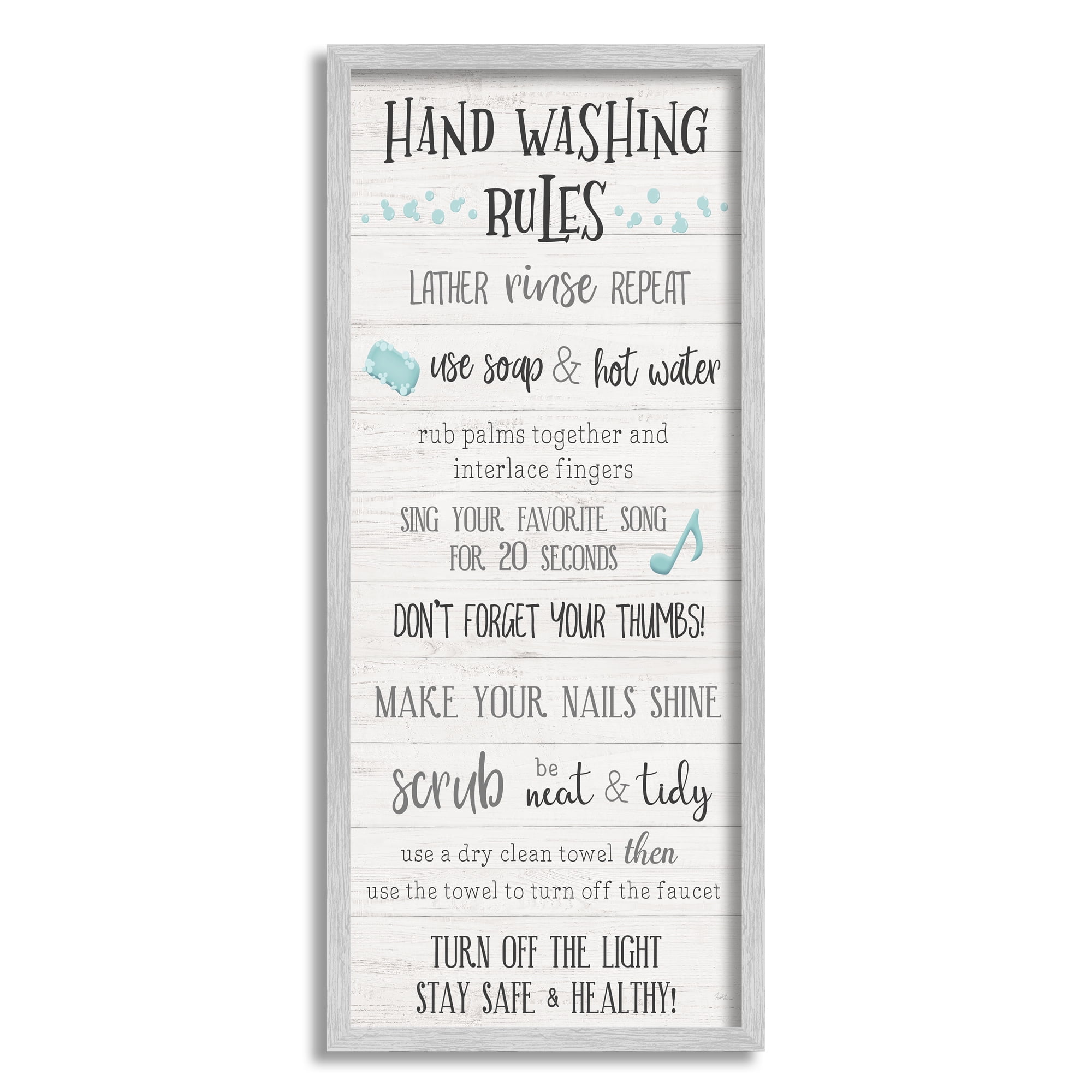 Stupell Industries Hand Washing Rules Bathroom Guide Positive Hygiene Typography Painting Gray Framed Art Print Wall Art, 10 x 24