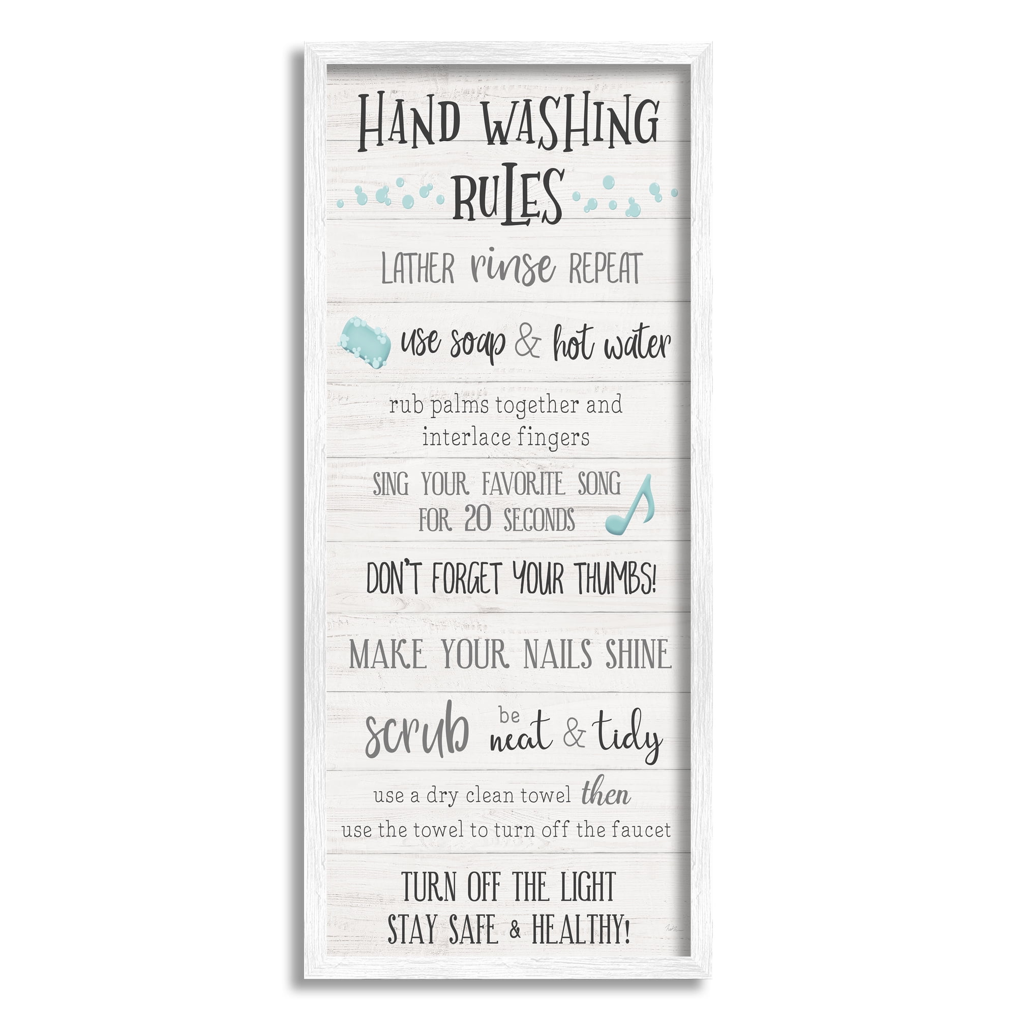 Stupell Industries Hand Washing Rules Bathroom Guide Positive Hygiene Typography Painting White Framed Art Print Wall Art, 10 x 24