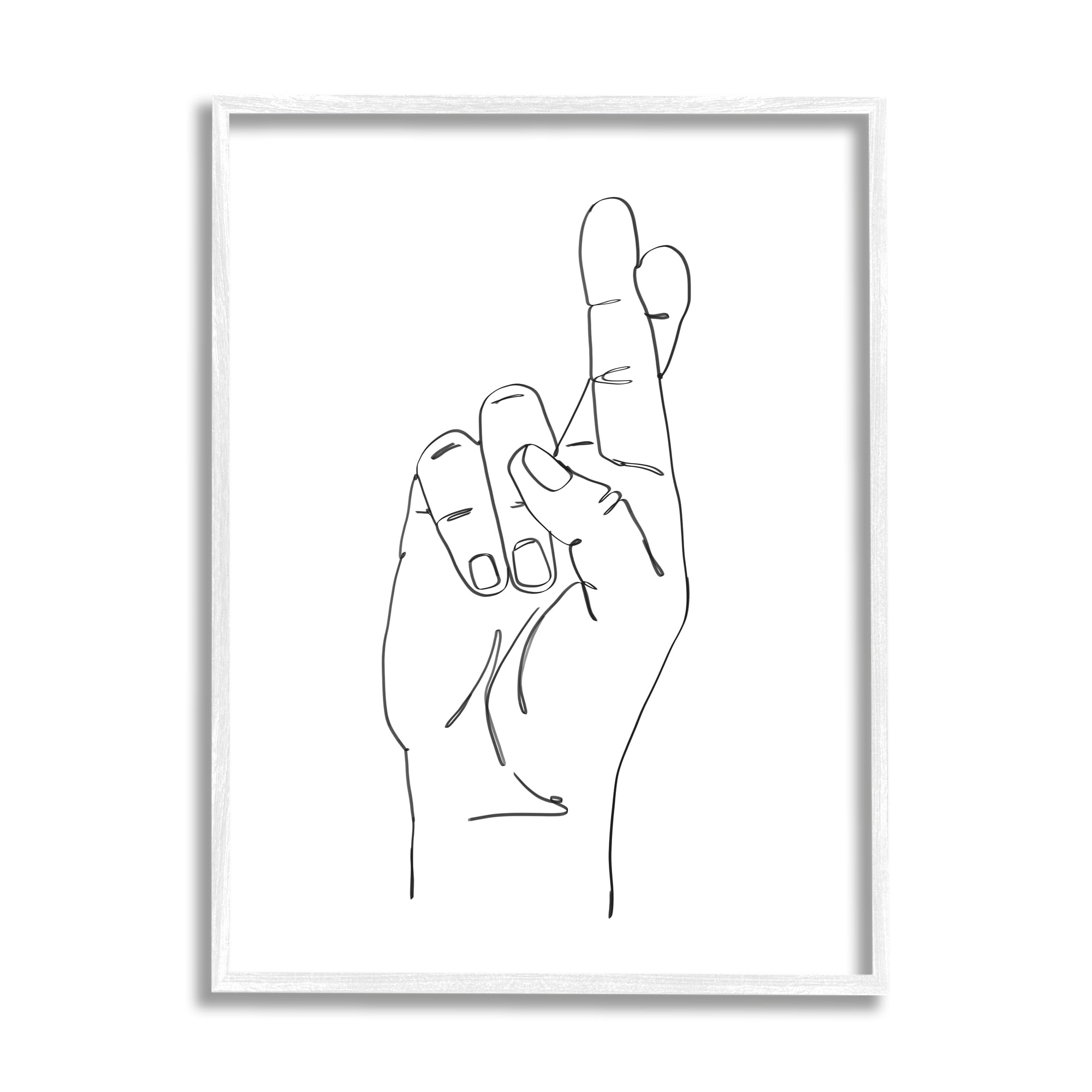 Hand with Fingers Crossed Minimal Line Drawing Print in White Frame