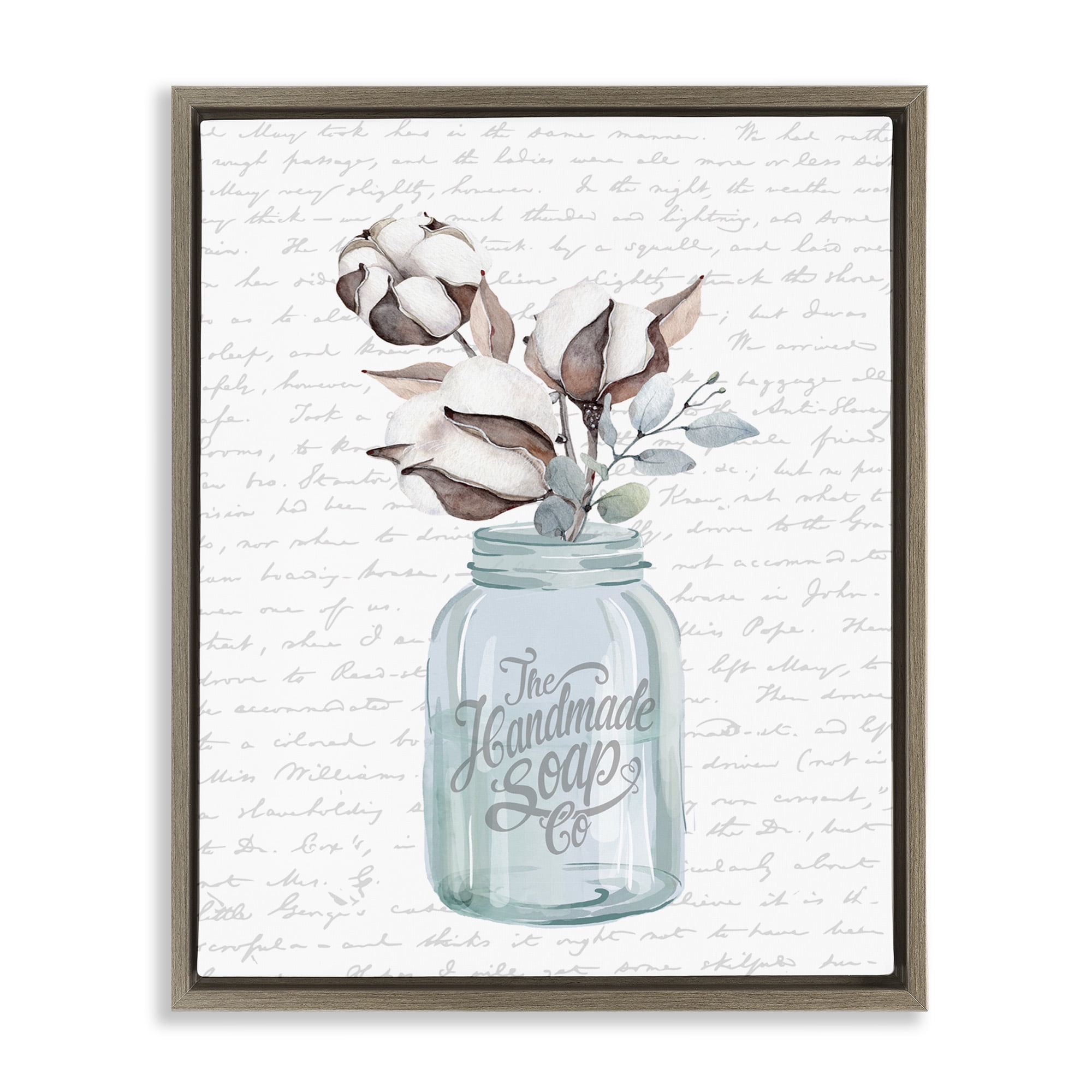 Stupell Industries Handmade Soap Jar & Cotton Flower Botanical & Floral Painting Brown Floater Framed Canvas Art Print Wall Art, 25 x 31