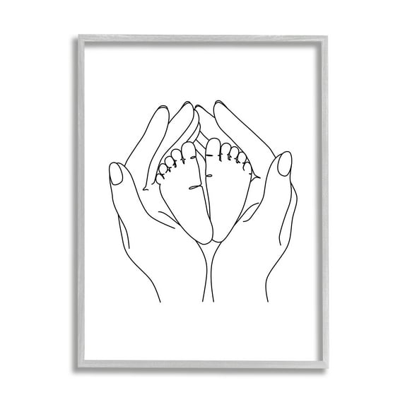 Stupell Industries Hands Holding Baby Feet Minimal Line Drawing Novelty Painting Gray Framed Art Print Wall Art, 16 x 20, Design by JJ Design House LLC