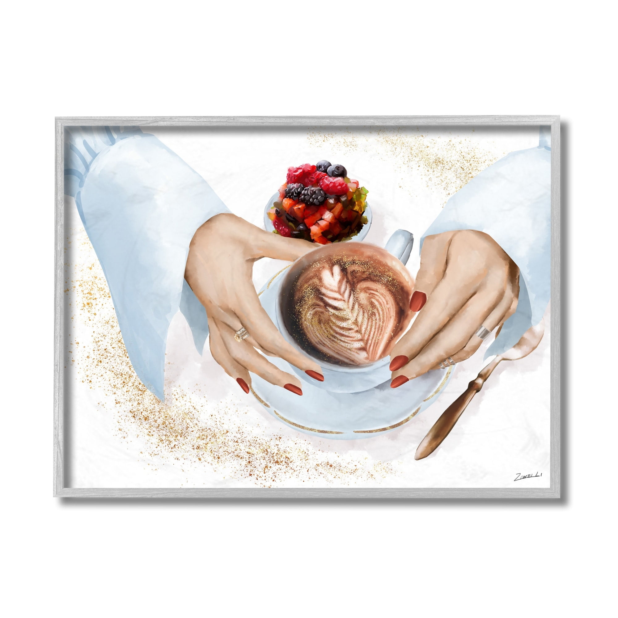 Stupell Industries Hands Holding Cappuccino Glam Fashion Detail Grey Framed, 11 x 14, Design by Ziwei Li