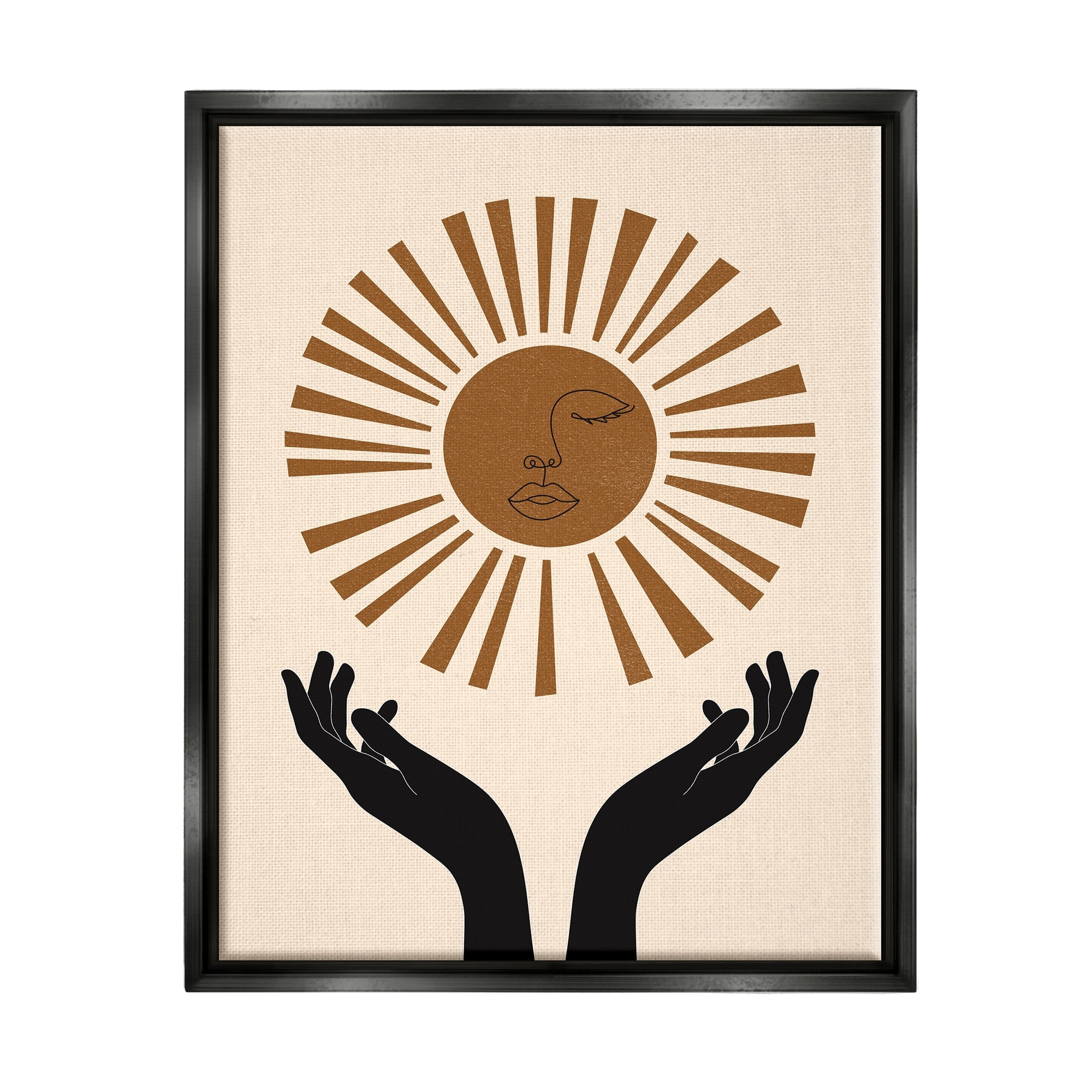Stupell Industries Hands Holding Desert Sun with Face Linework Jet Black Framed Floating Canvas Wall Art, 24x30, by JJ Design House LLC