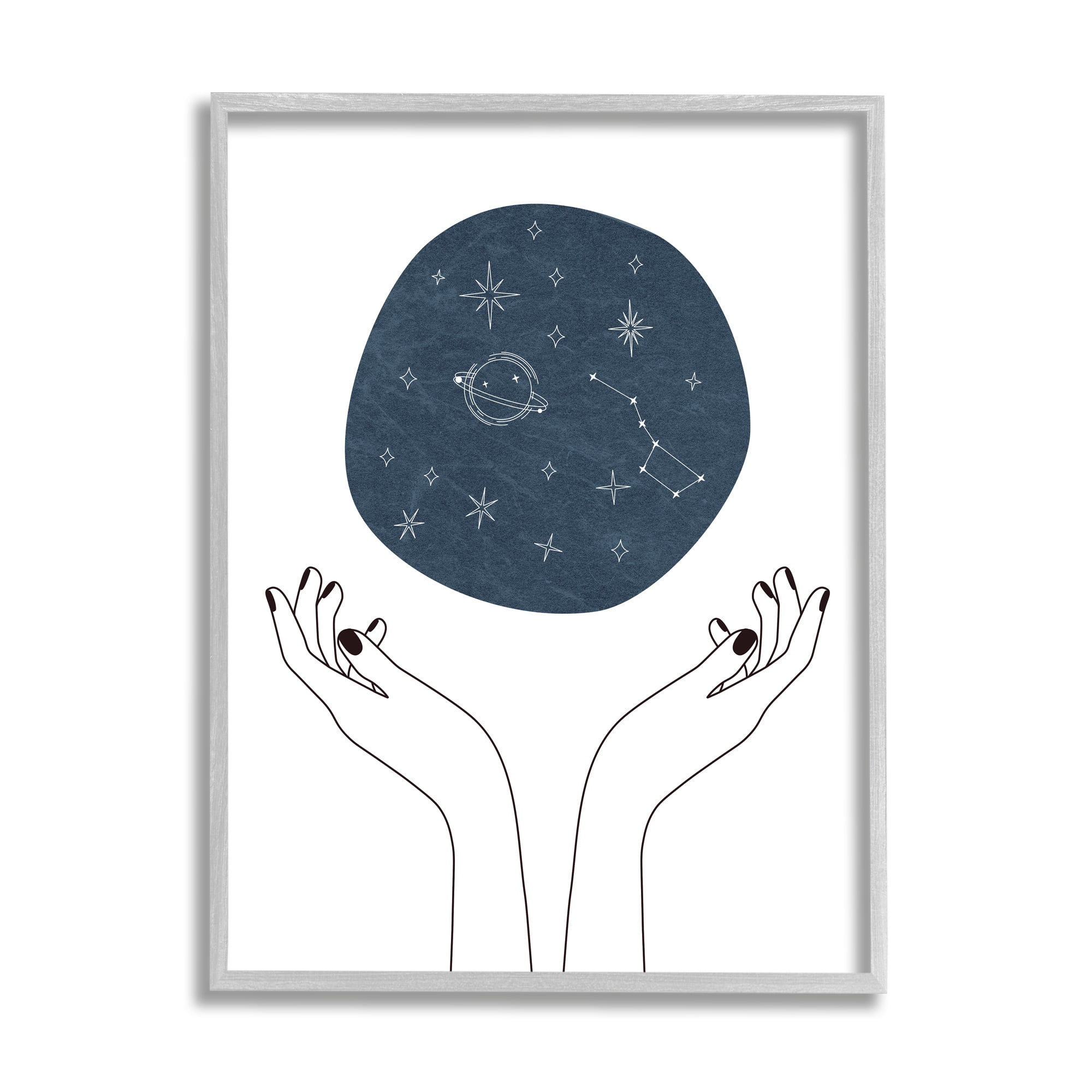 Stupell Industries Hands Holding Galaxy Constellations Minimal Blue Modern Painting Gray Framed Art Print Wall Art, 11 x 14, Design by JJ Design House LLC