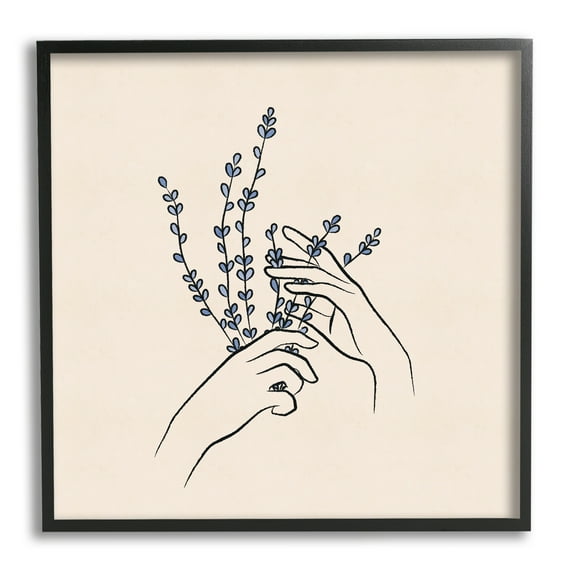 Stupell Industries Hands Holding Lavender Sprigs Botanical Line Doodle Graphic Art Black Framed Art Print Wall Art, Design by JJ Design House LLC
