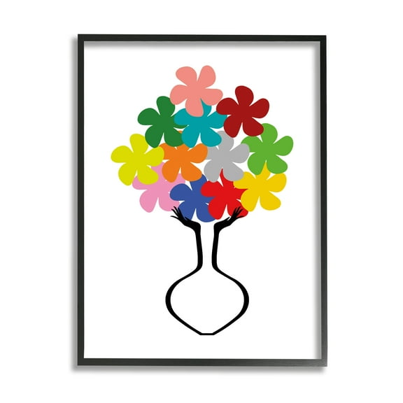 Stupell Industries Hands Holding Retro Pop Floral Arrangement Abstract Vase Botanical & Floral Painting Black Framed Art Print Wall Art, 11 x 14