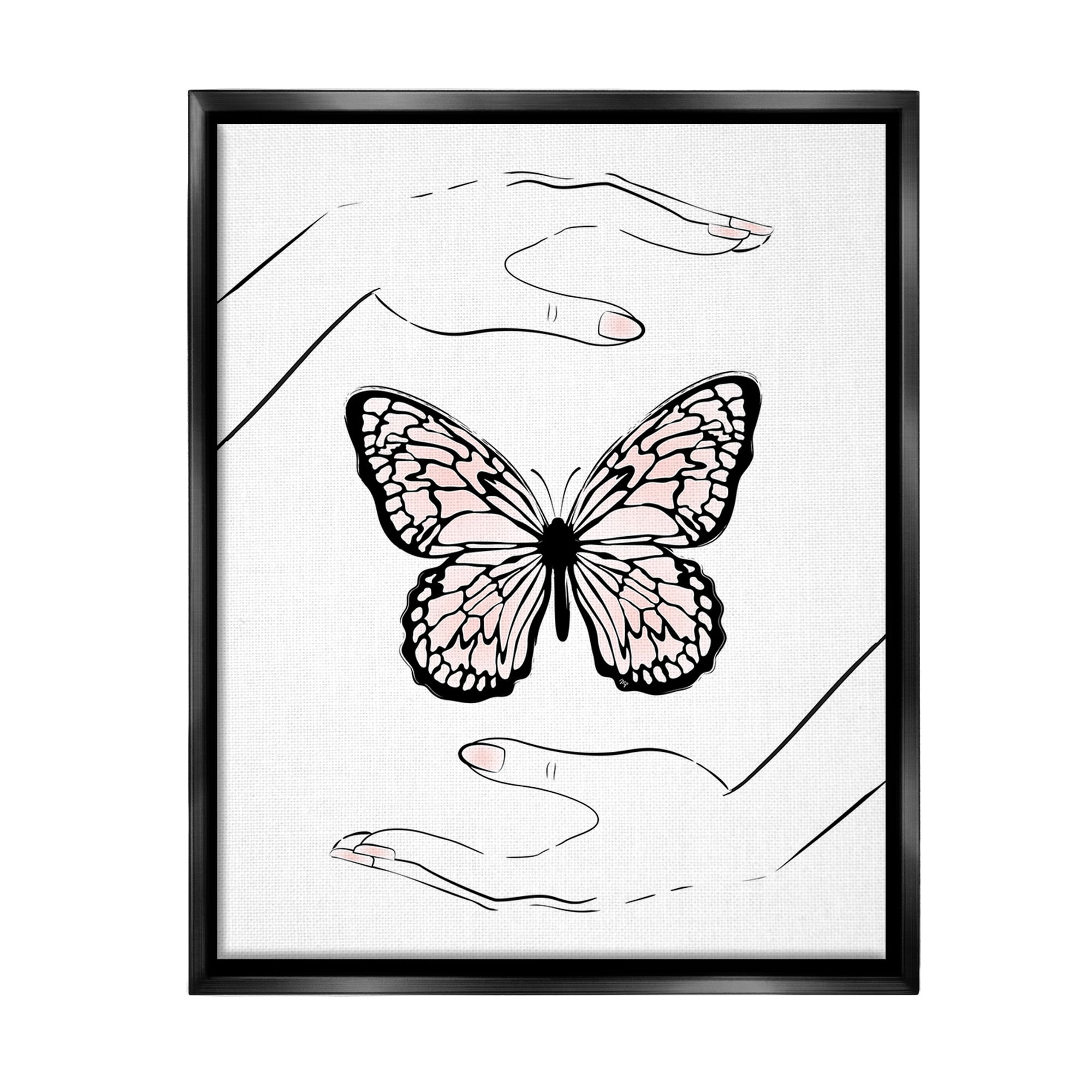 Stupell Industries Hands & Pink Butterfly Animals & Insects Painting Black Floater Framed Canvas Art Print Wall Art, 25 x 31