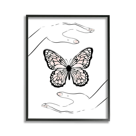 Stupell Industries Hands & Pink Butterfly Animals & Insects Painting Black Framed Art Print Wall Art, 11 x 14