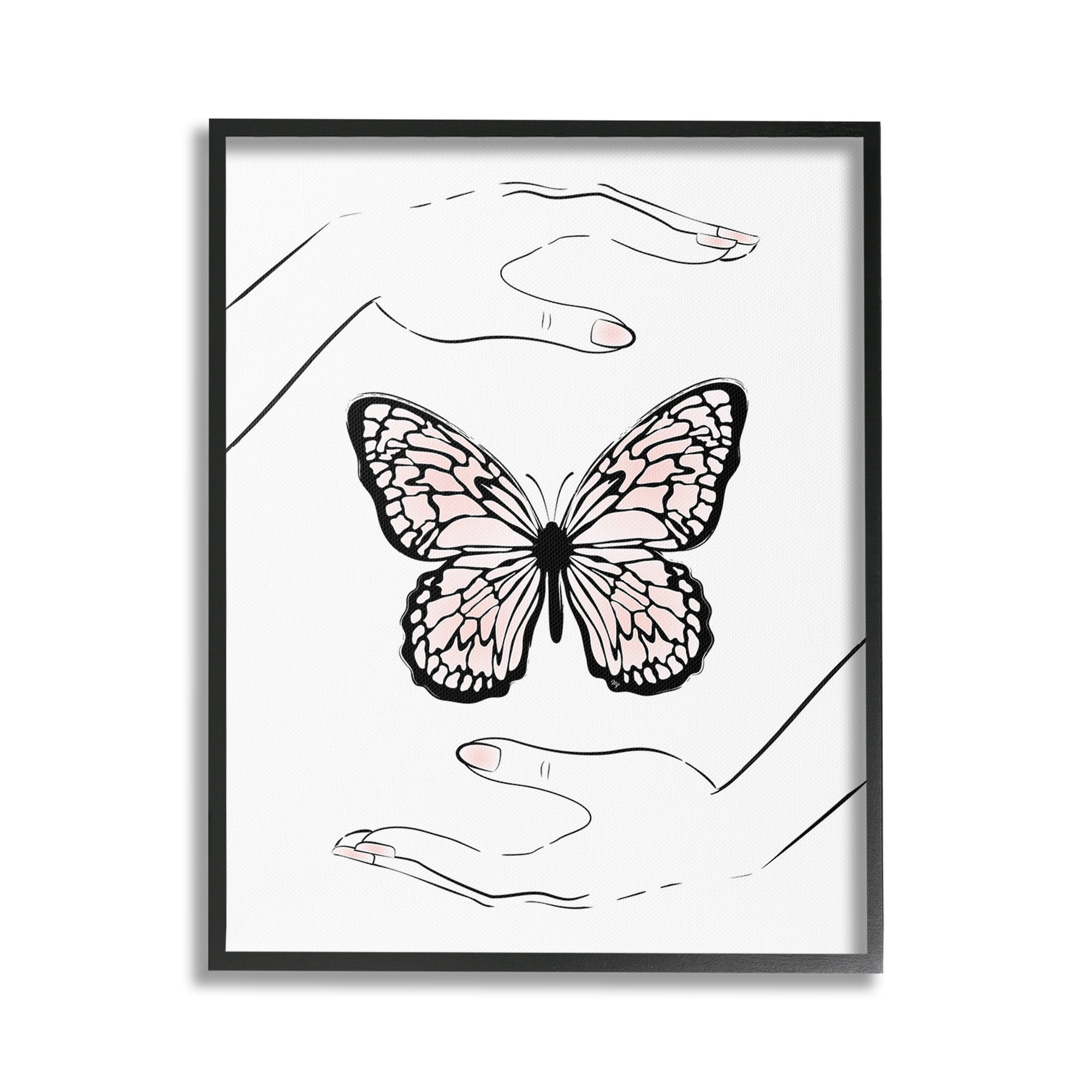 Stupell Industries Hands & Pink Butterfly Animals & Insects Painting Black Framed Art Print Wall Art, 16 x 20