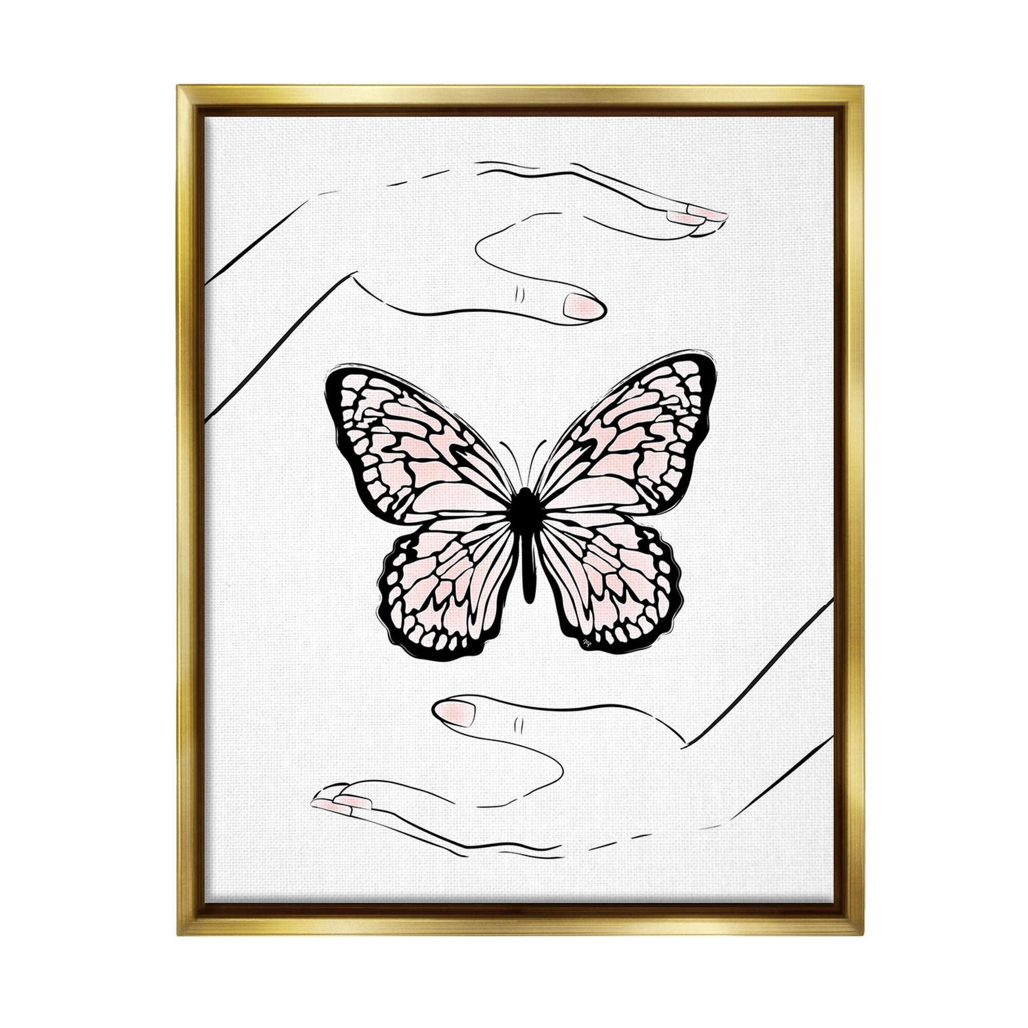 Stupell Industries Hands & Pink Butterfly Animals & Insects Painting Gold Floater Framed Canvas Art Print Wall Art, 17 x 21