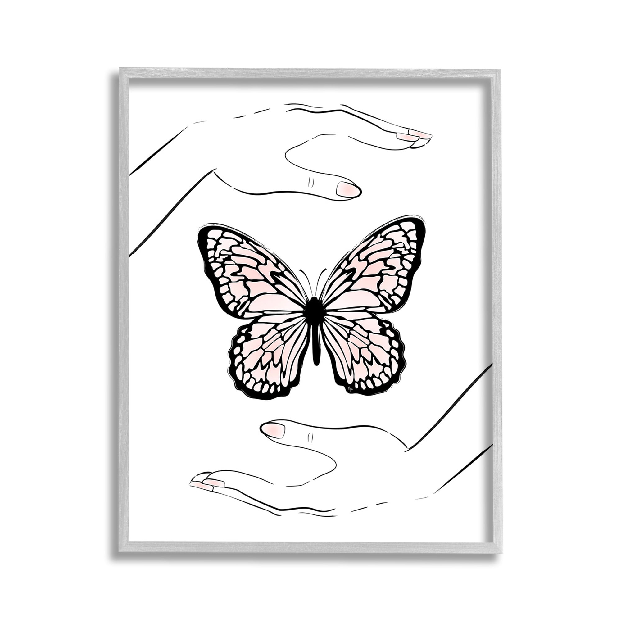 Stupell Industries Hands & Pink Butterfly Animals & Insects Painting Gray Framed Art Print Wall Art, 11 x 14