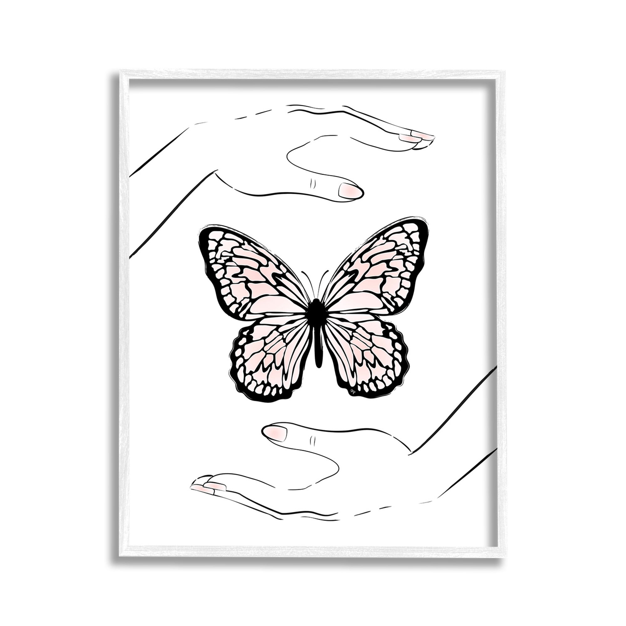 Stupell Industries Hands & Pink Butterfly Animals & Insects Painting White Framed Art Print Wall Art, 11 x 14