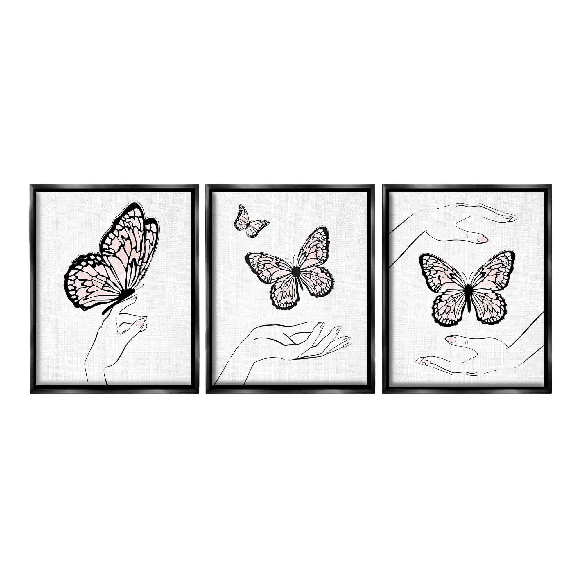 Stupell Industries Hands with Butterflies Animals & Insects Painting Black Floater Framed Canvas Art Print Wall Art, 25 x 31, Set of 3