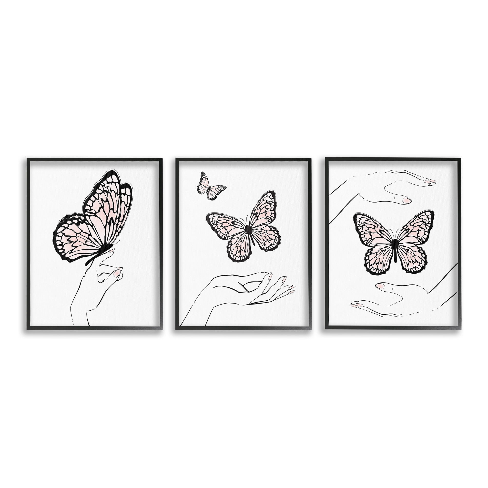 Stupell Industries Hands with Butterflies Animals & Insects Painting Black Framed Art Print Wall Art, 16 x 20, Set of 3