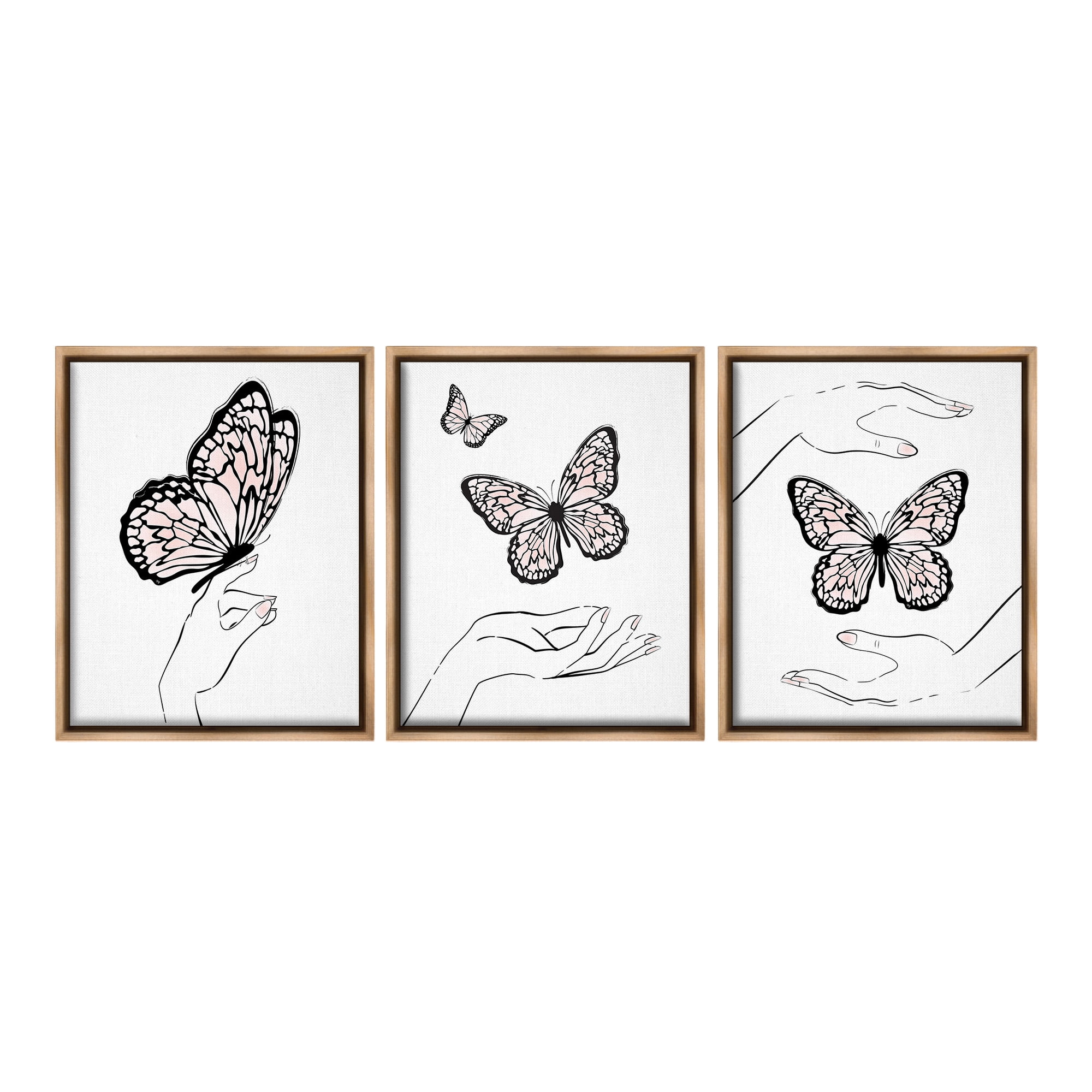 Stupell Industries Hands with Butterflies Animals & Insects Painting Brown Floater Framed Canvas Art Print Wall Art, 17 x 21, Set of 3