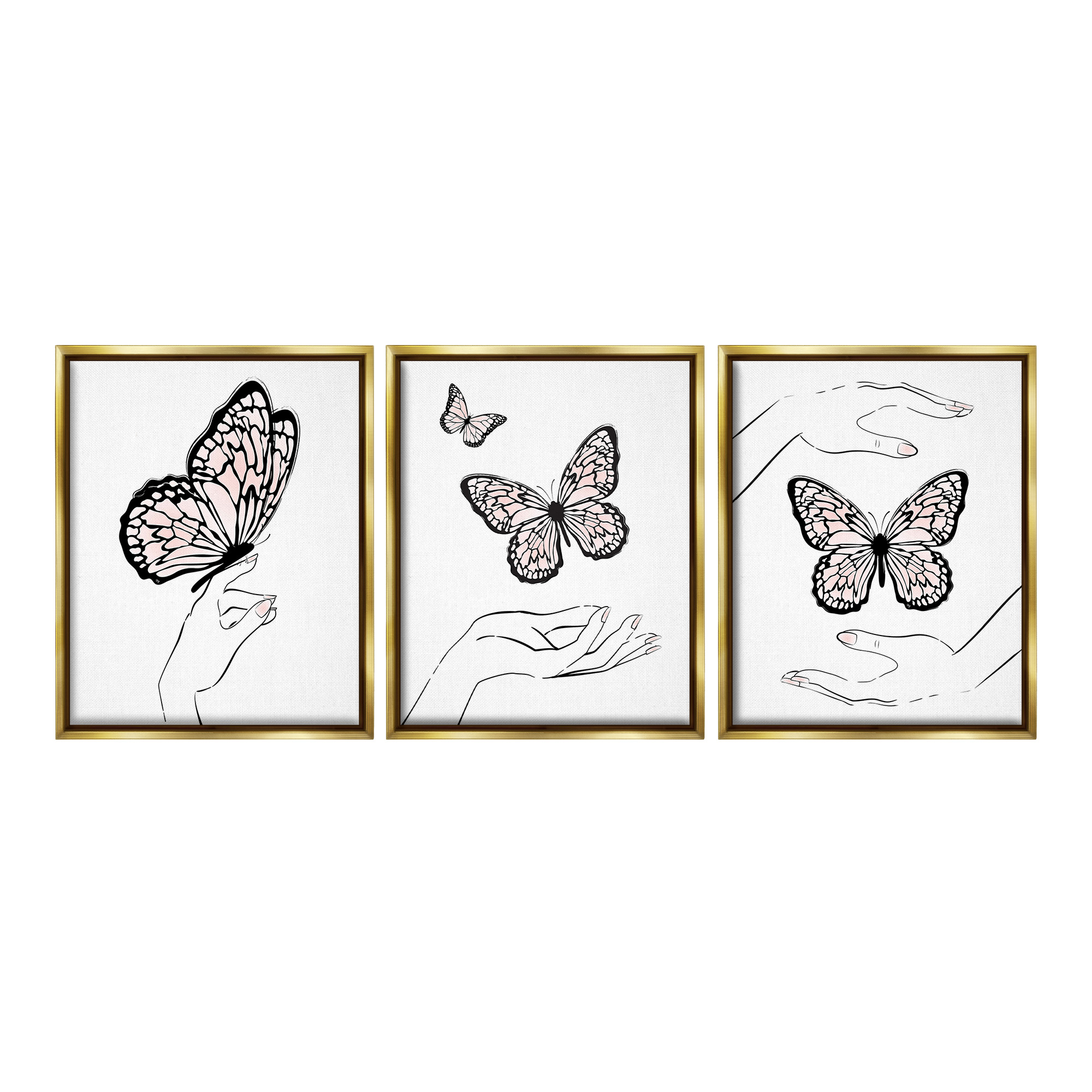 Stupell Industries Hands with Butterflies Animals & Insects Painting Gold Floater Framed Canvas Art Print Wall Art, 25 x 31, Set of 3