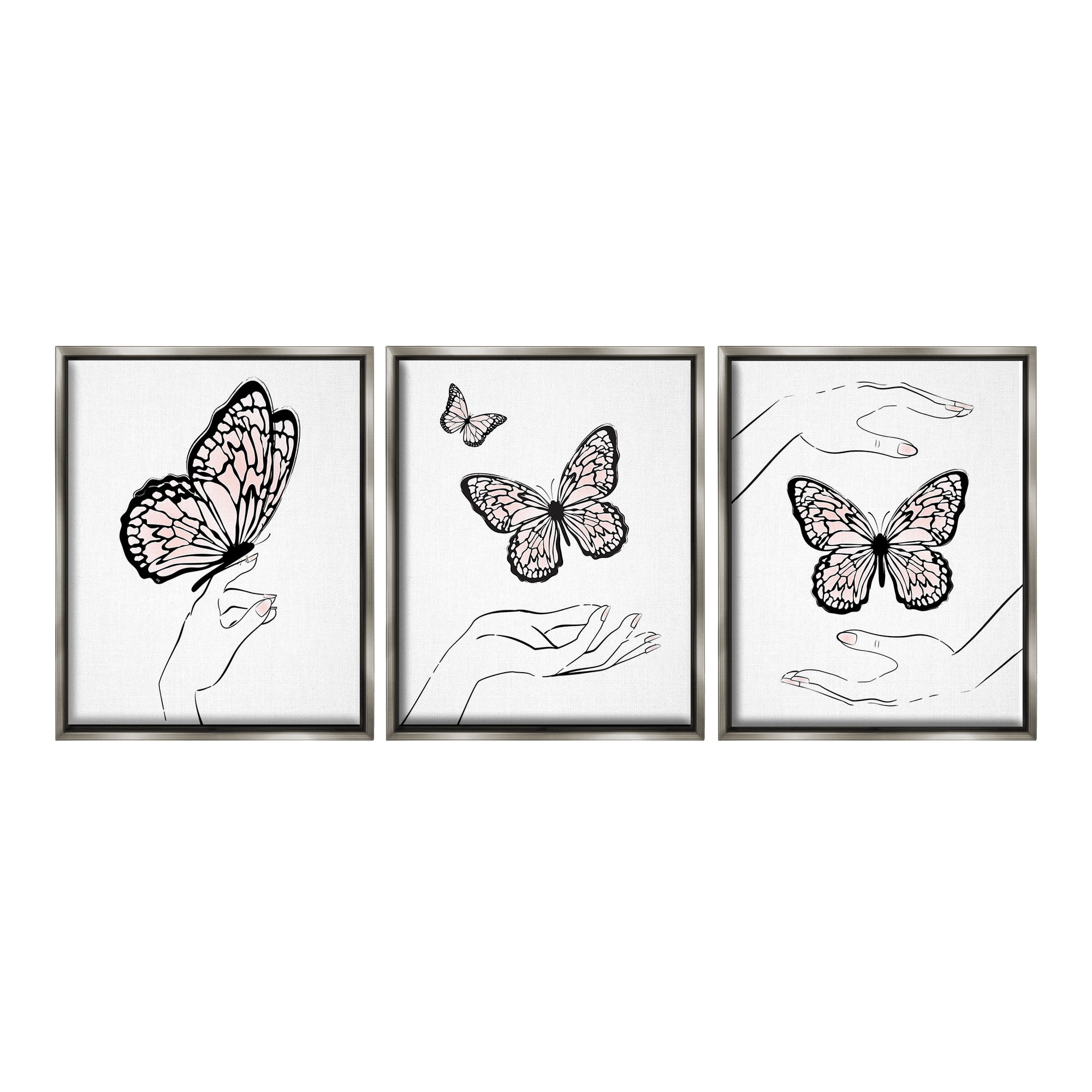 Stupell Industries Hands with Butterflies Animals & Insects Painting Gray Floater Framed Canvas Art Print Wall Art, 17 x 21, Set of 3