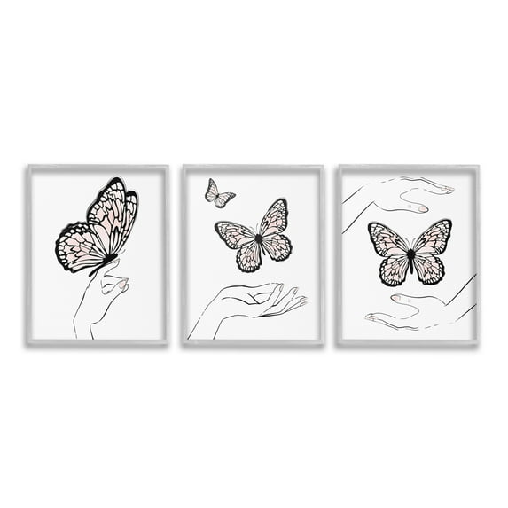Stupell Industries Hands with Butterflies Animals & Insects Painting Gray Framed Art Print Wall Art, 11 x 14, Set of 3