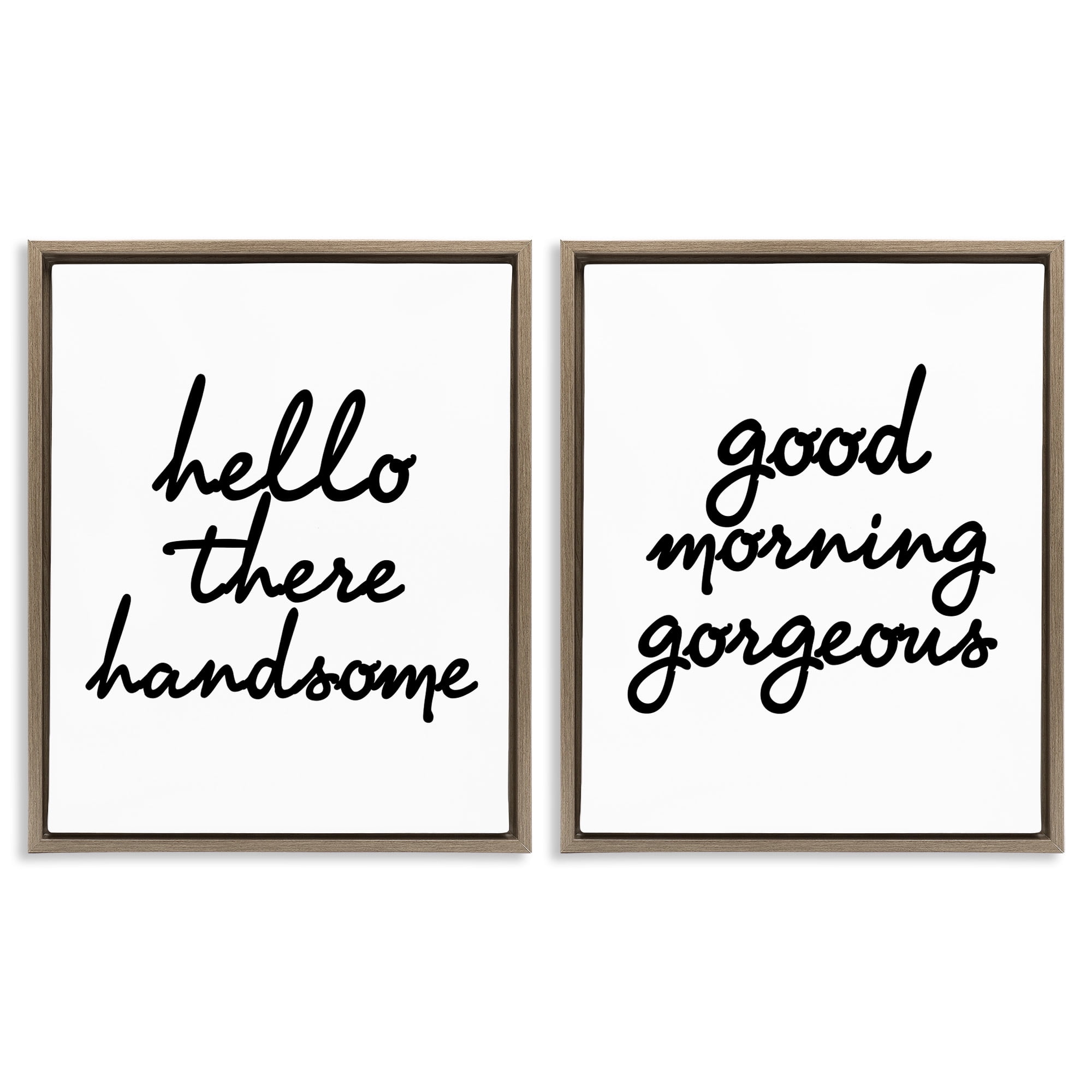 Stupell Industries Handsome & Gorgeous Greetings Inspirational Painting Brown Floater Framed Canvas Art Print Wall Art, 25 x 31, Set of 2