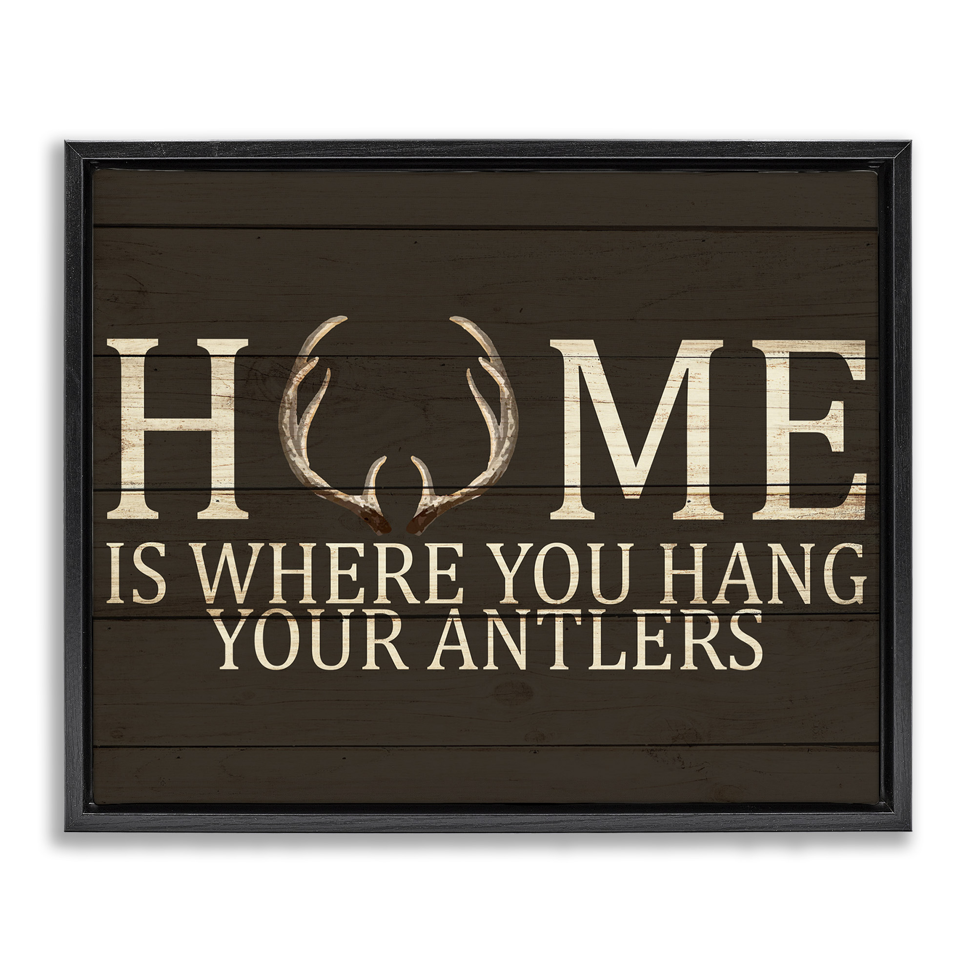 Stupell Industries Hang Your Antlers Rustic Hunting Phrase Inspirational Painting Black Floater Framed Canvas Art Print Wall Art, 21 x 17