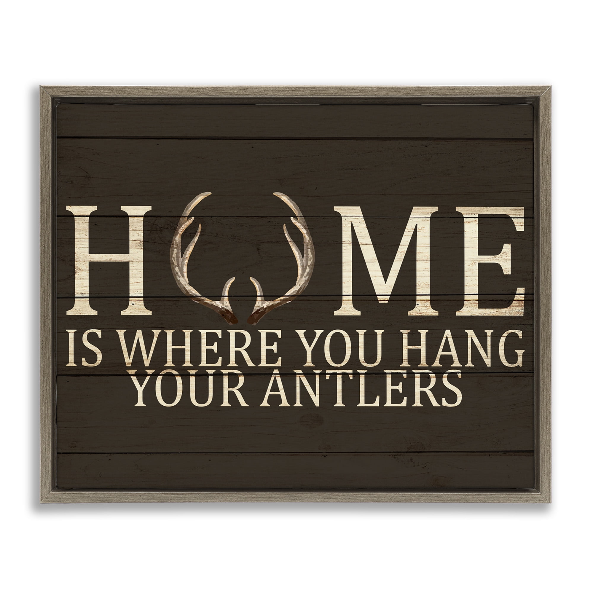 Stupell Industries Hang Your Antlers Rustic Hunting Phrase Inspirational Painting Brown Floater Framed Canvas Art Print Wall Art, 31 x 25