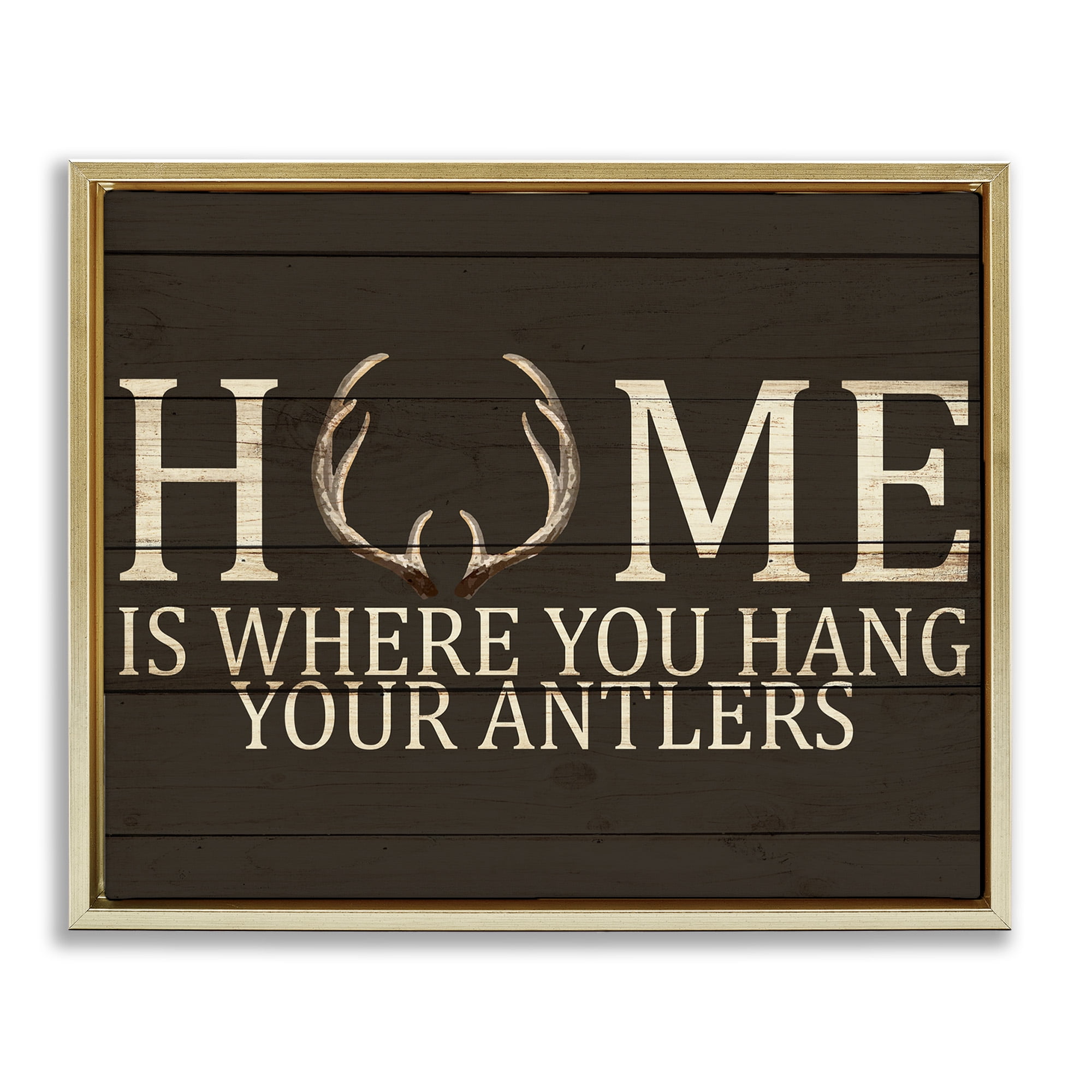 Stupell Industries Hang Your Antlers Rustic Hunting Phrase Inspirational Painting Gold Floater Framed Canvas Art Print Wall Art, 31 x 25