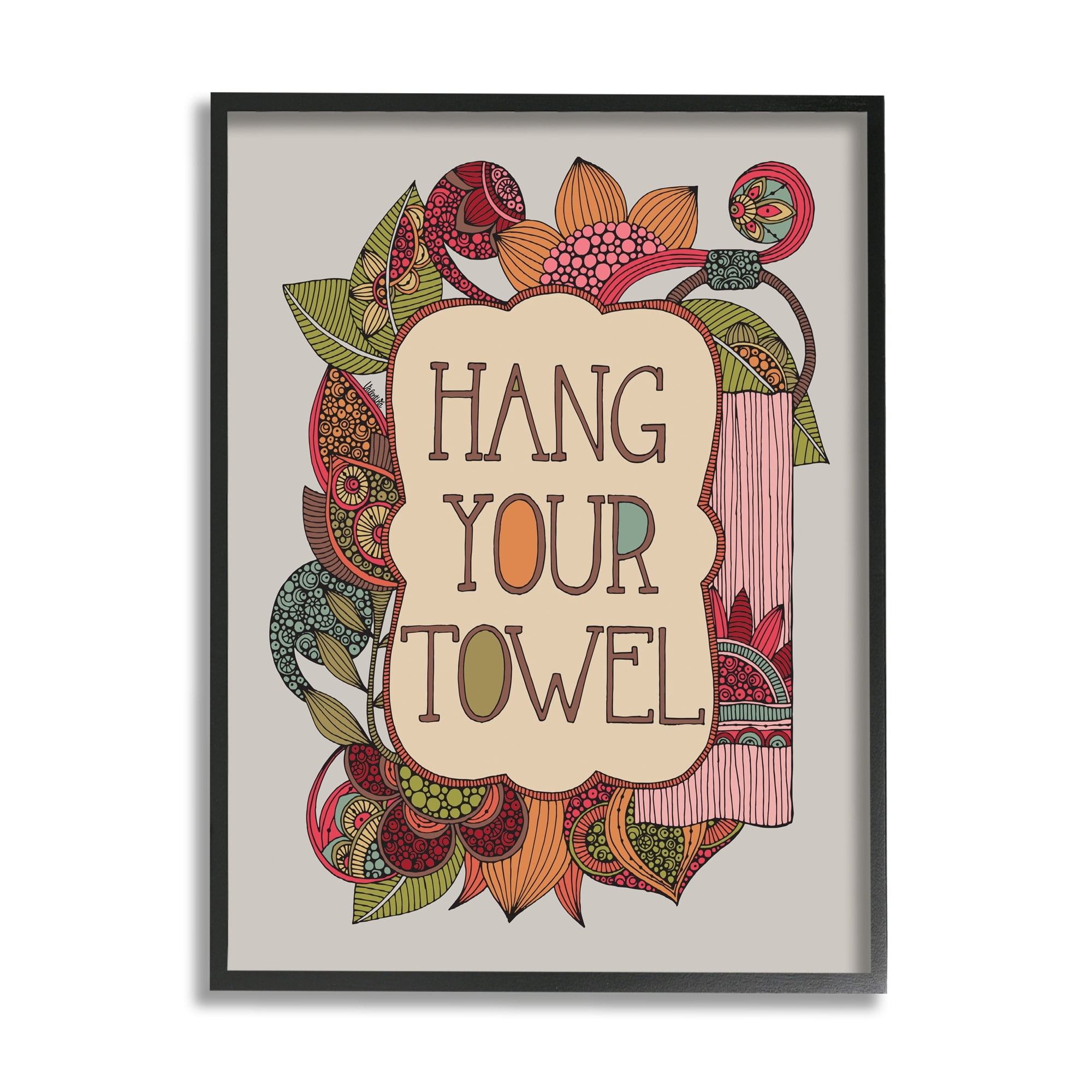 Stupell Industries Hang Your Towel Intricate Floral Mandala Shapes Graphic Art Black Framed Art Print Wall Art, Design by Valentina Harper