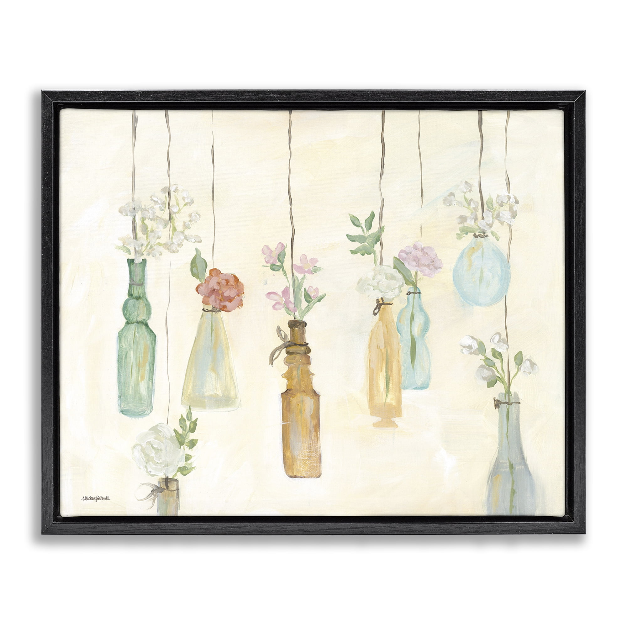 Stupell Industries Hanging Floral Bottles Botanical & Floral Painting Black Floater Framed Canvas Art Print Wall Art, 21 x 17