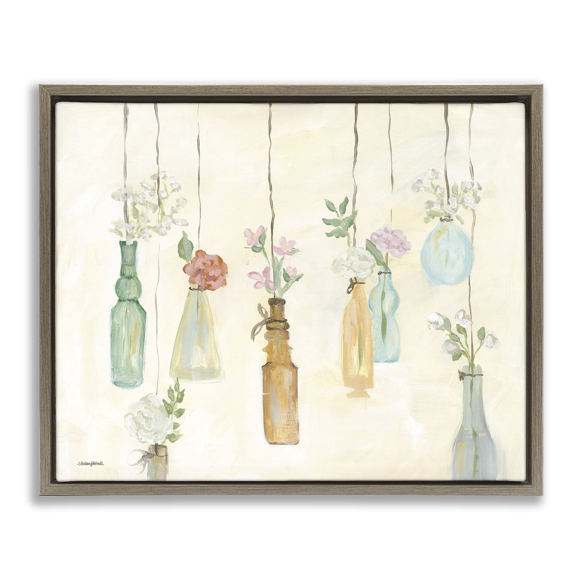 Stupell Industries Hanging Floral Bottles Botanical & Floral Painting Brown Floater Framed Canvas Art Print Wall Art, 21 x 17