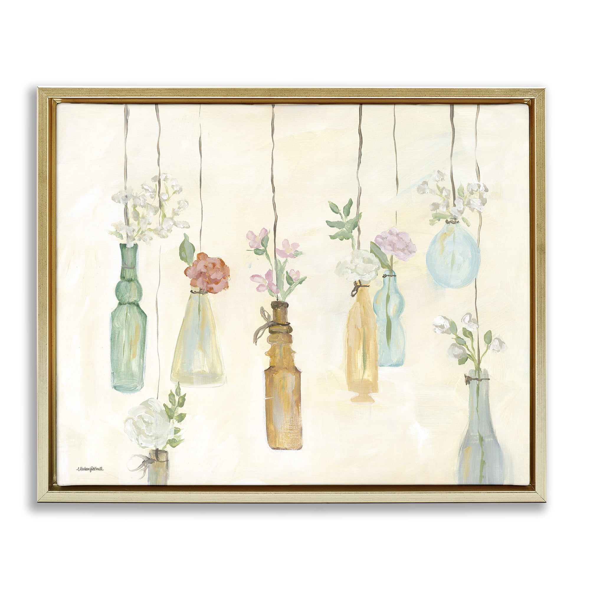 Stupell Industries Hanging Floral Bottles Botanical & Floral Painting Gold Floater Framed Canvas Art Print Wall Art, 31 x 25