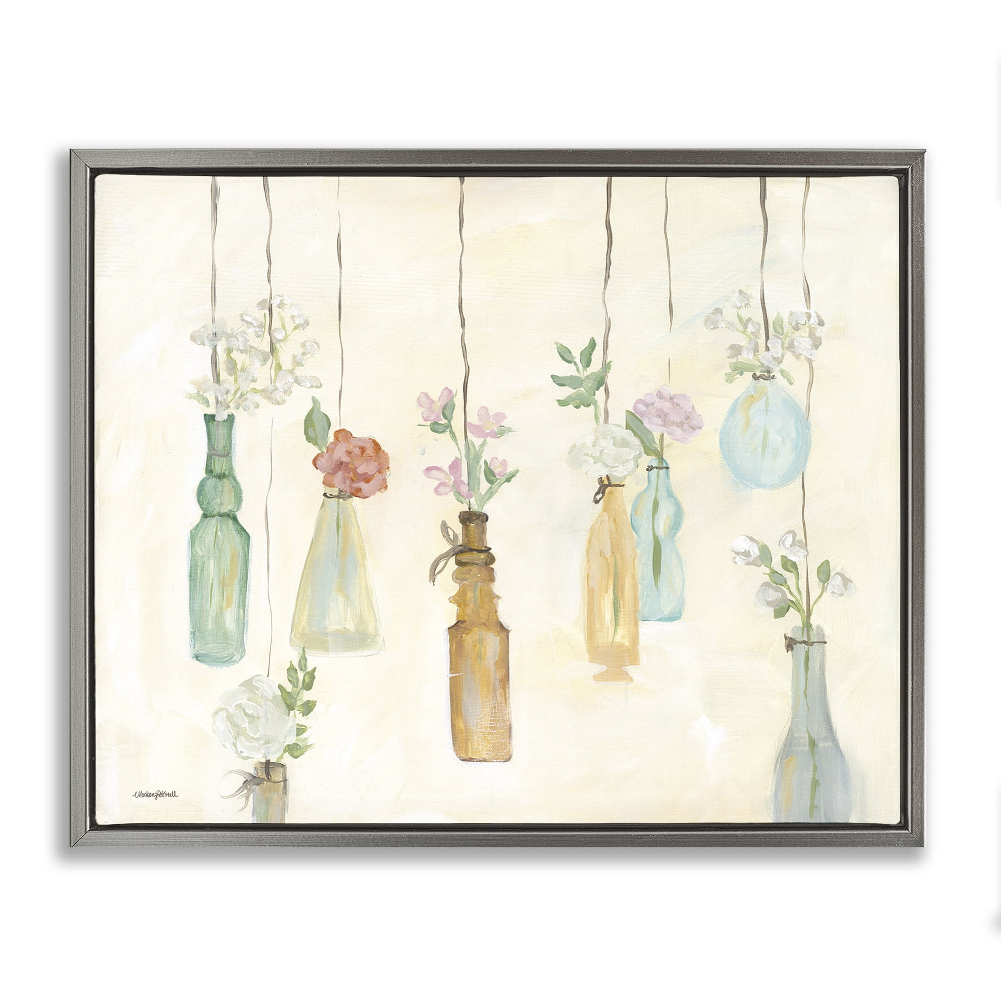 Stupell Industries Hanging Floral Bottles Botanical & Floral Painting Gray Floater Framed Canvas Art Print Wall Art, 21 x 17