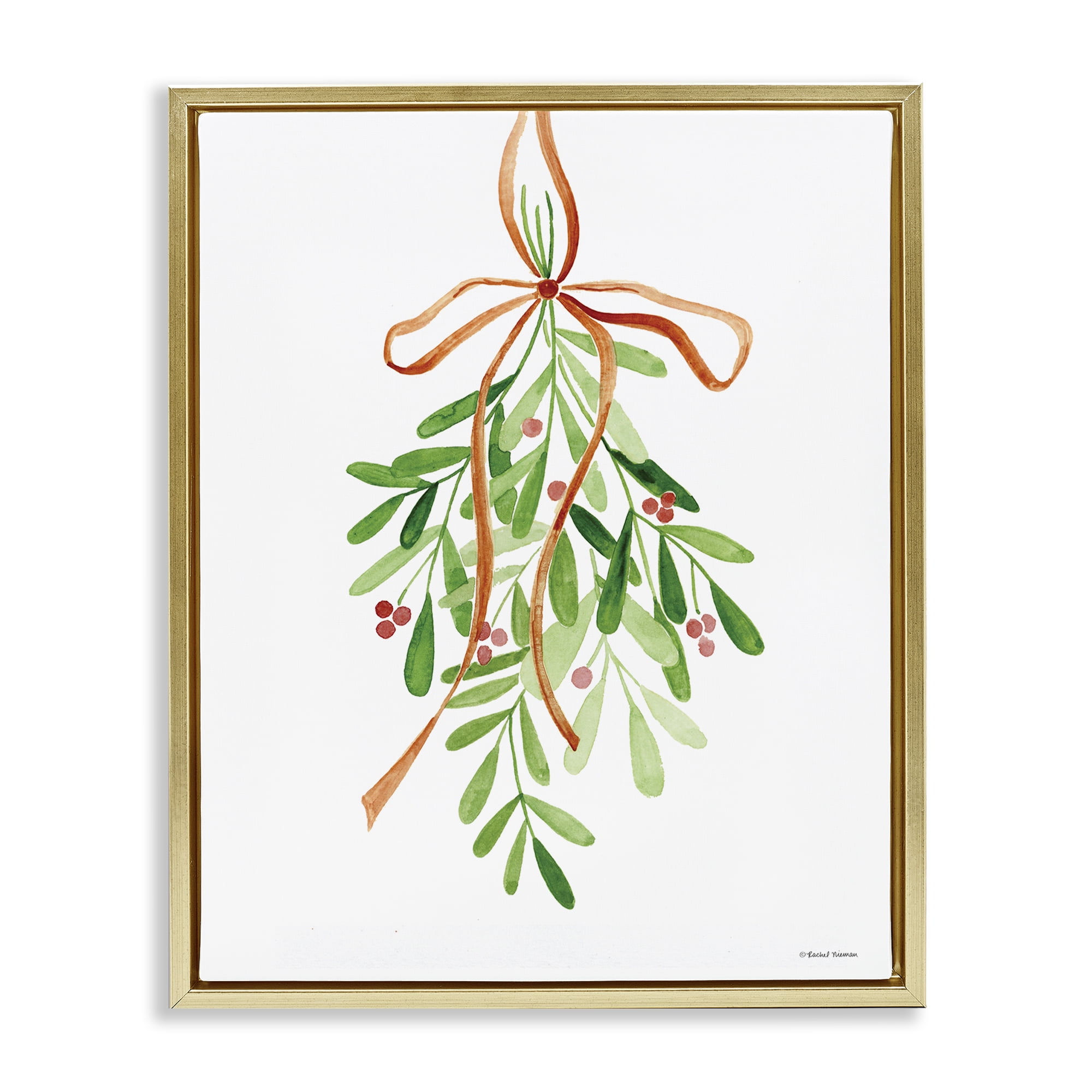 Stupell Industries Hanging Holly Botanicals Holiday Painting Gold Floater Framed Canvas Art Prints Wall Art, 17 x 21