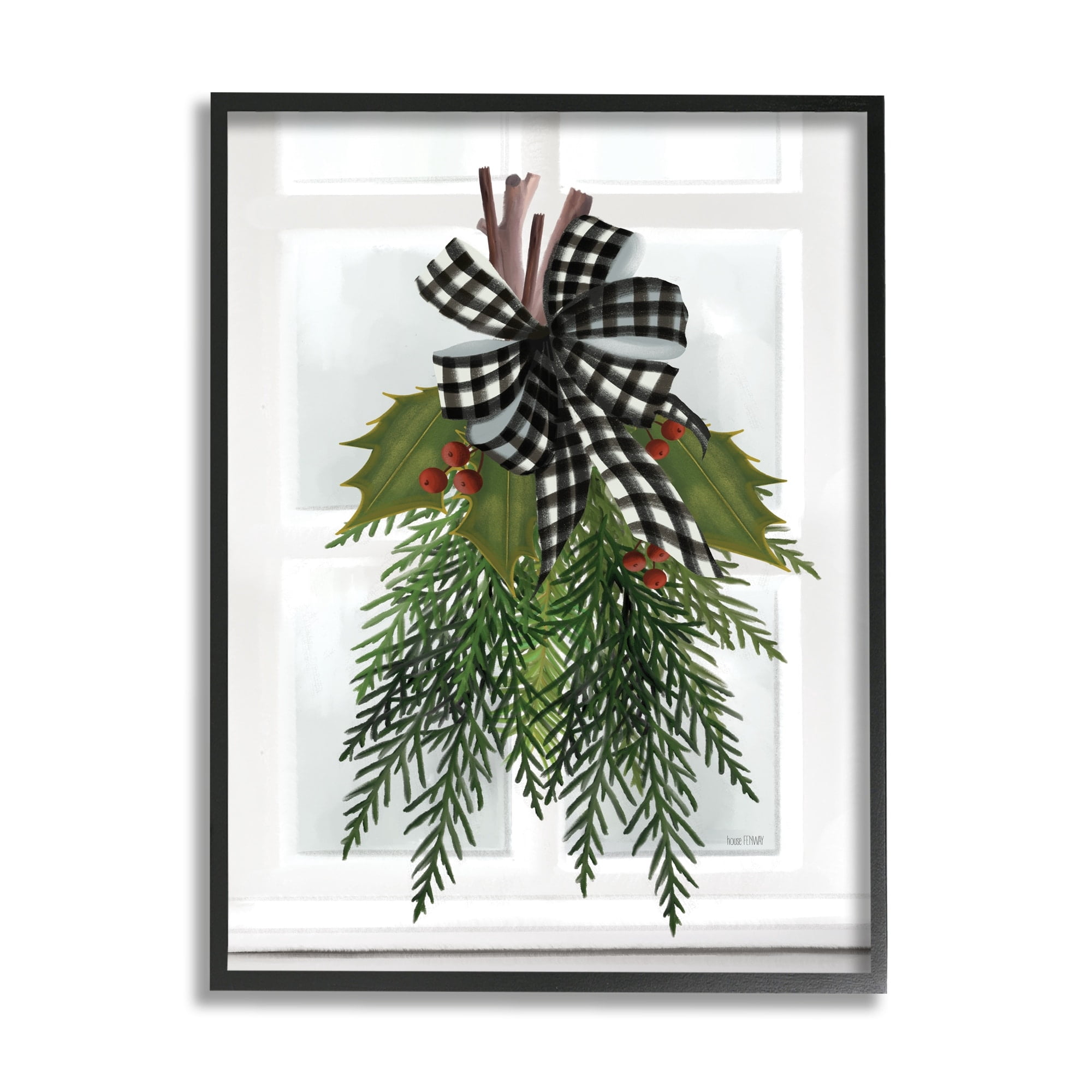 Stupell Industries Hanging Holly Botanicals Mistletoe Seasonal Winter Flowers Graphic Art Black Framed Art Print Wall Art, Design by House Fenway