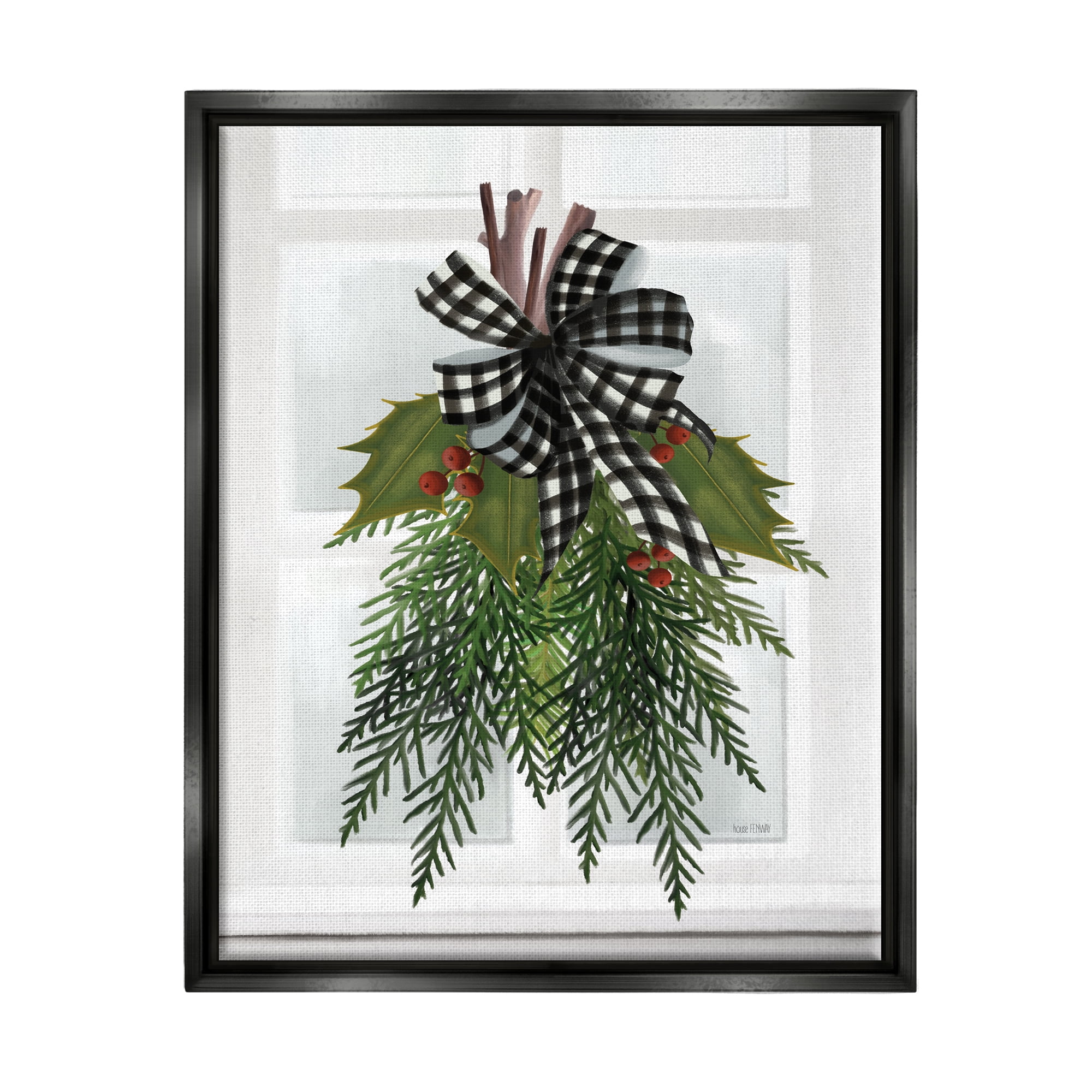 Stupell Industries Hanging Holly Botanicals Mistletoe Seasonal Winter Flowers Graphic Art Jet Black Floating Framed Canvas Print Wall Art, Design by House Fenway