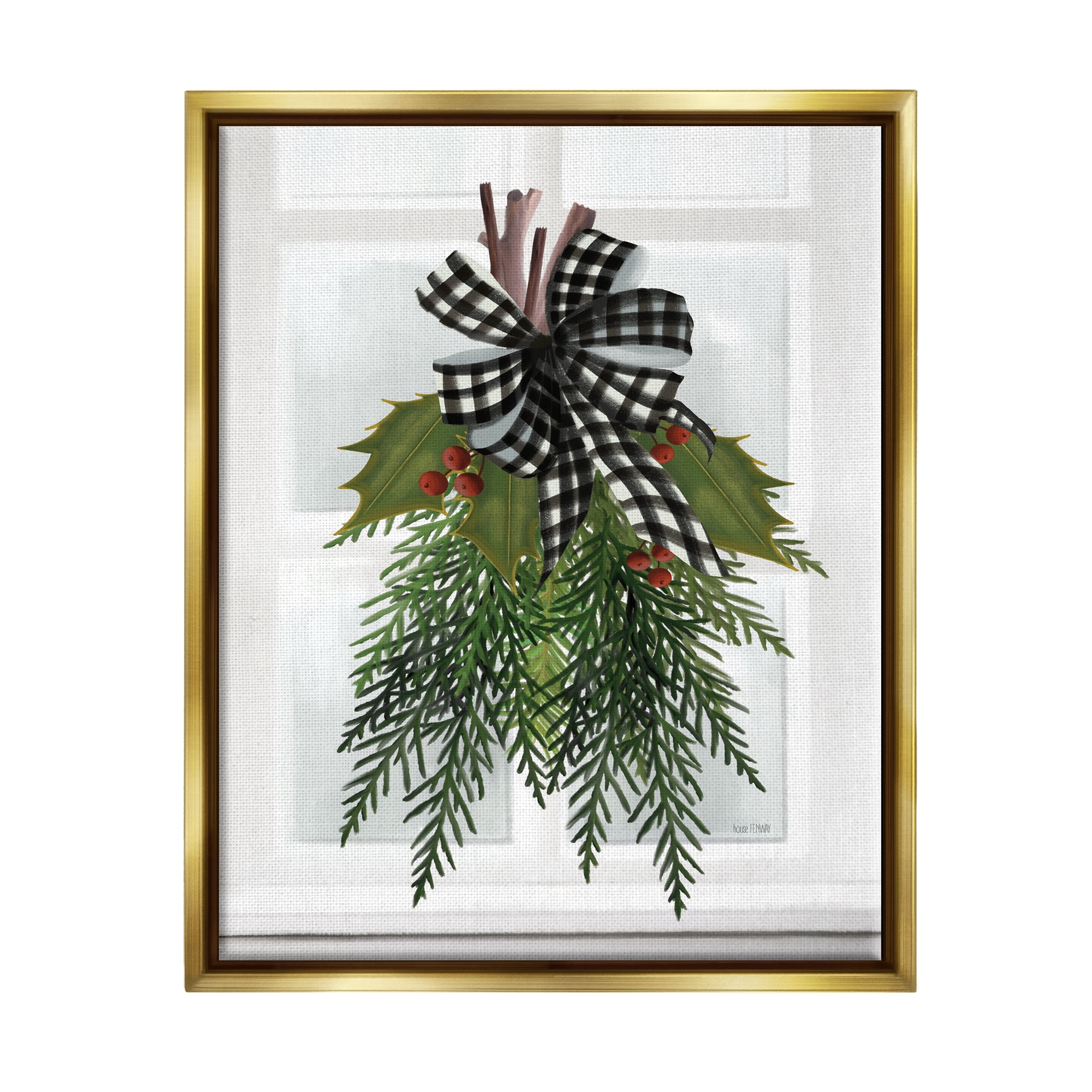 Stupell Industries Hanging Holly Botanicals Mistletoe Seasonal Winter Flowers Graphic Art Metallic Gold Floating Framed Canvas Print Wall Art, Design by House Fenway