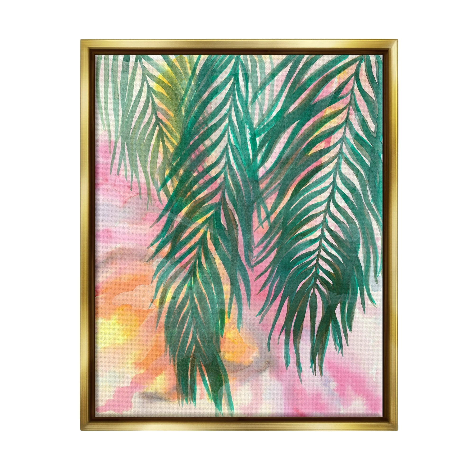 Stupell Industries Hanging Palms Tropical Plant Pink Watercolor Effect Painting Metallic Gold Floating Framed Canvas Print Wall Art, Design by Elvira Errico