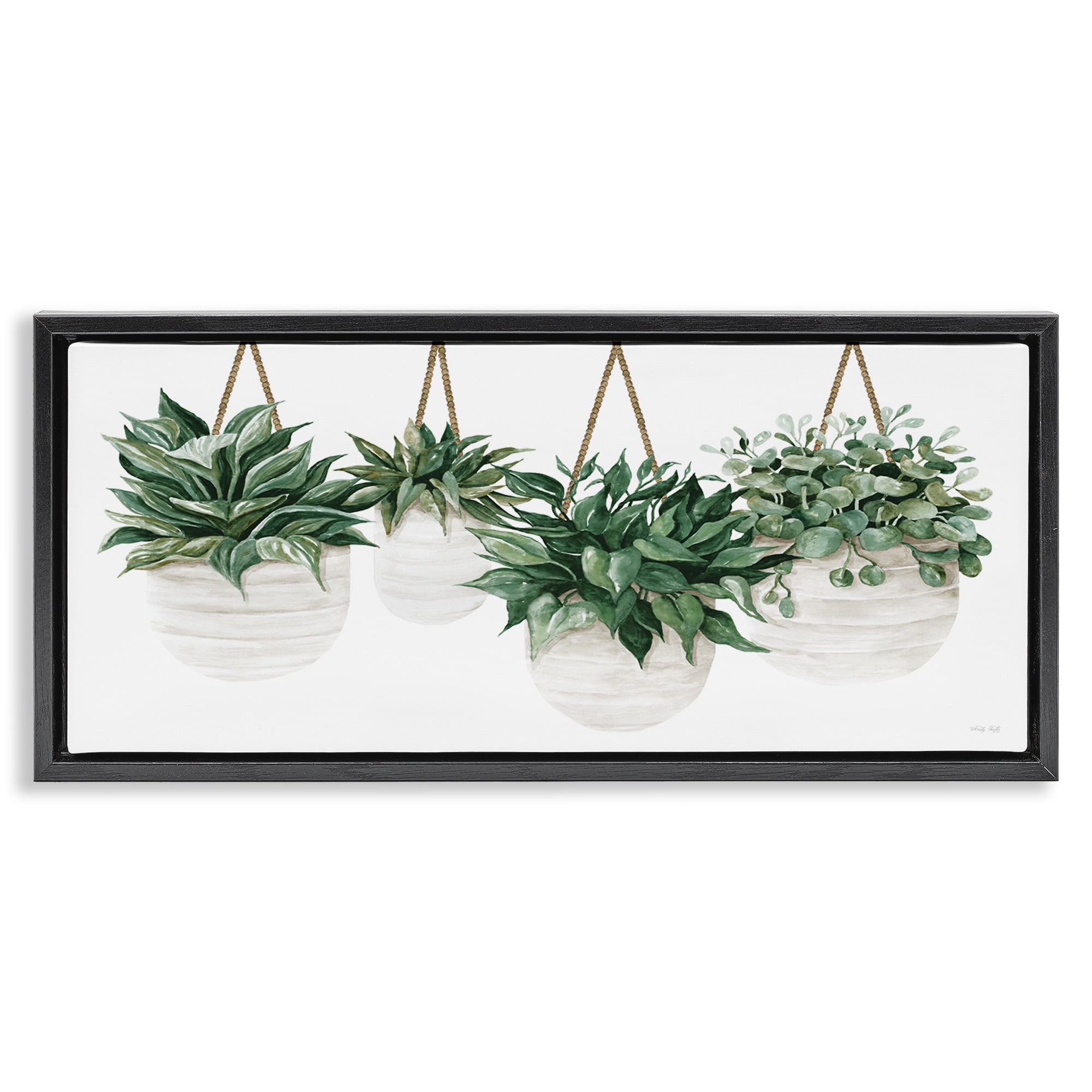 Stupell Industries Hanging Planters House Plants Botanical & Floral Painting Black Floater Framed Canvas Art Print Wall Art, 25 x 11