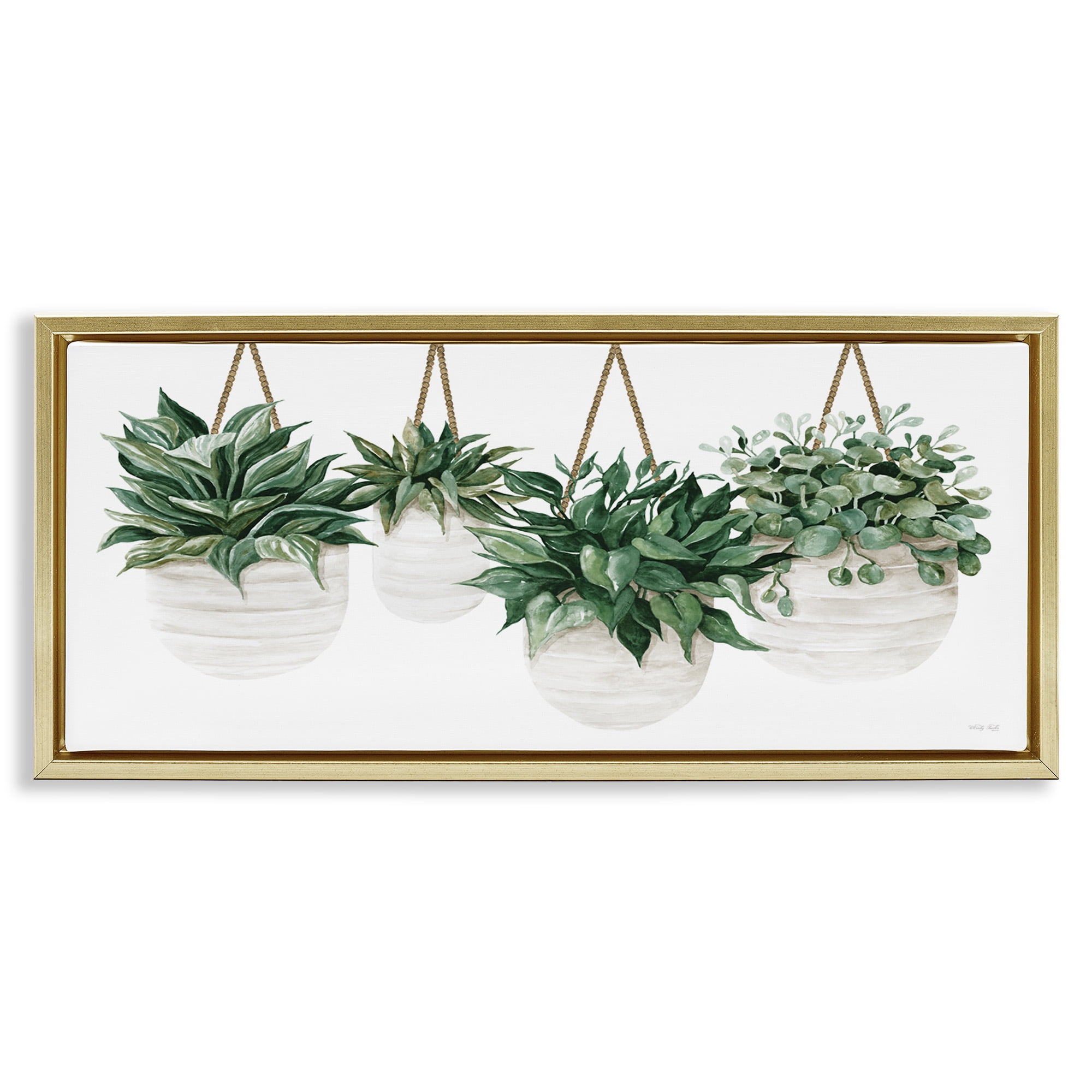 Stupell Industries Hanging Planters House Plants Botanical & Floral Painting Gold Floater Framed Canvas Art Print Wall Art, 25 x 11