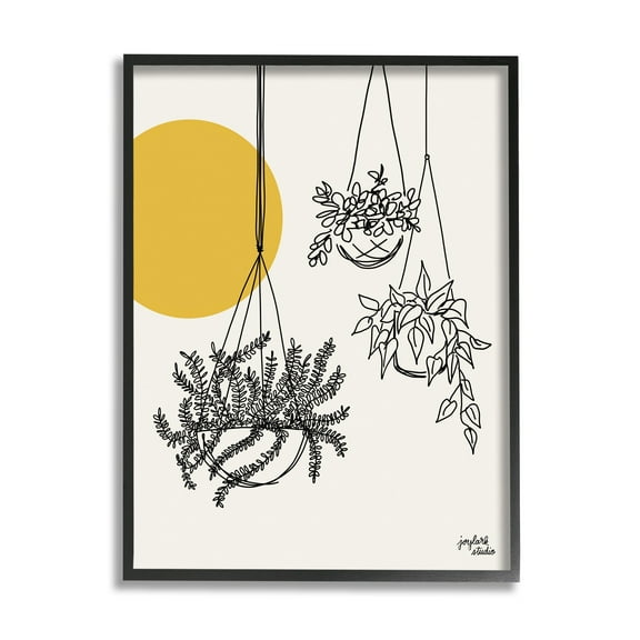Stupell Industries Hanging Potted Plant Minimal Yellow Sun Lines Graphic Art Black Framed Art Print Wall Art, Design by Jess Baskin
