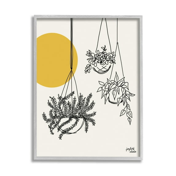 Stupell Industries Hanging Potted Plant Minimal Yellow Sun Lines Graphic Art Gray Framed Art Print Wall Art, Design by Jess Baskin