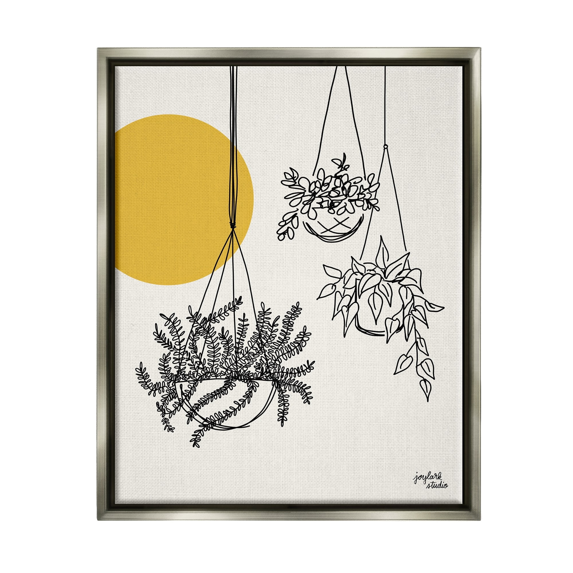 Stupell Industries Hanging Potted Plant Minimal Yellow Sun Lines Graphic Art Luster Gray Floating Framed Canvas Print Wall Art, Design by Jess Baskin