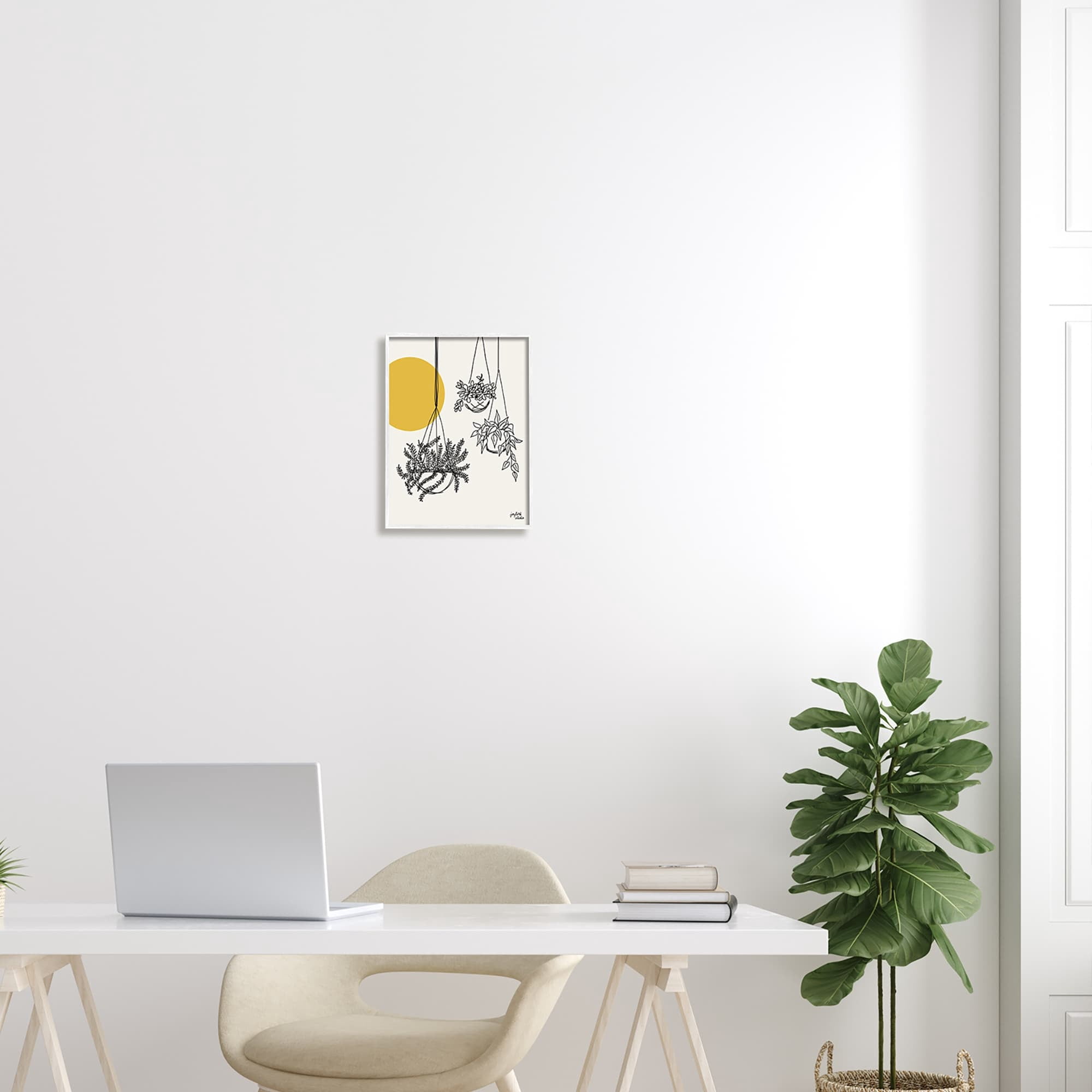 Stupell Industries Hanging Potted Plant Minimal Yellow Sun Lines Graphic Art White Framed Art Print Wall Art, Design by Jess Baskin
