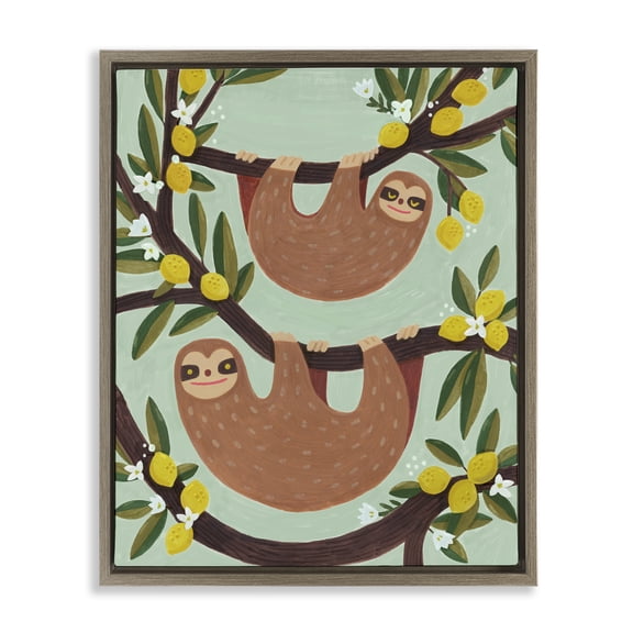 Stupell Industries Hanging Sloths from Lemon Tree Animals Painting Brown Floater Framed Canvas Art Print Wall Art, 17 x 21