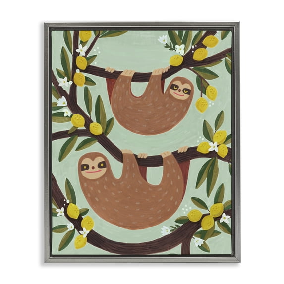Stupell Industries Hanging Sloths from Lemon Tree Animals Painting Gray Floater Framed Canvas Art Print Wall Art, 17 x 21