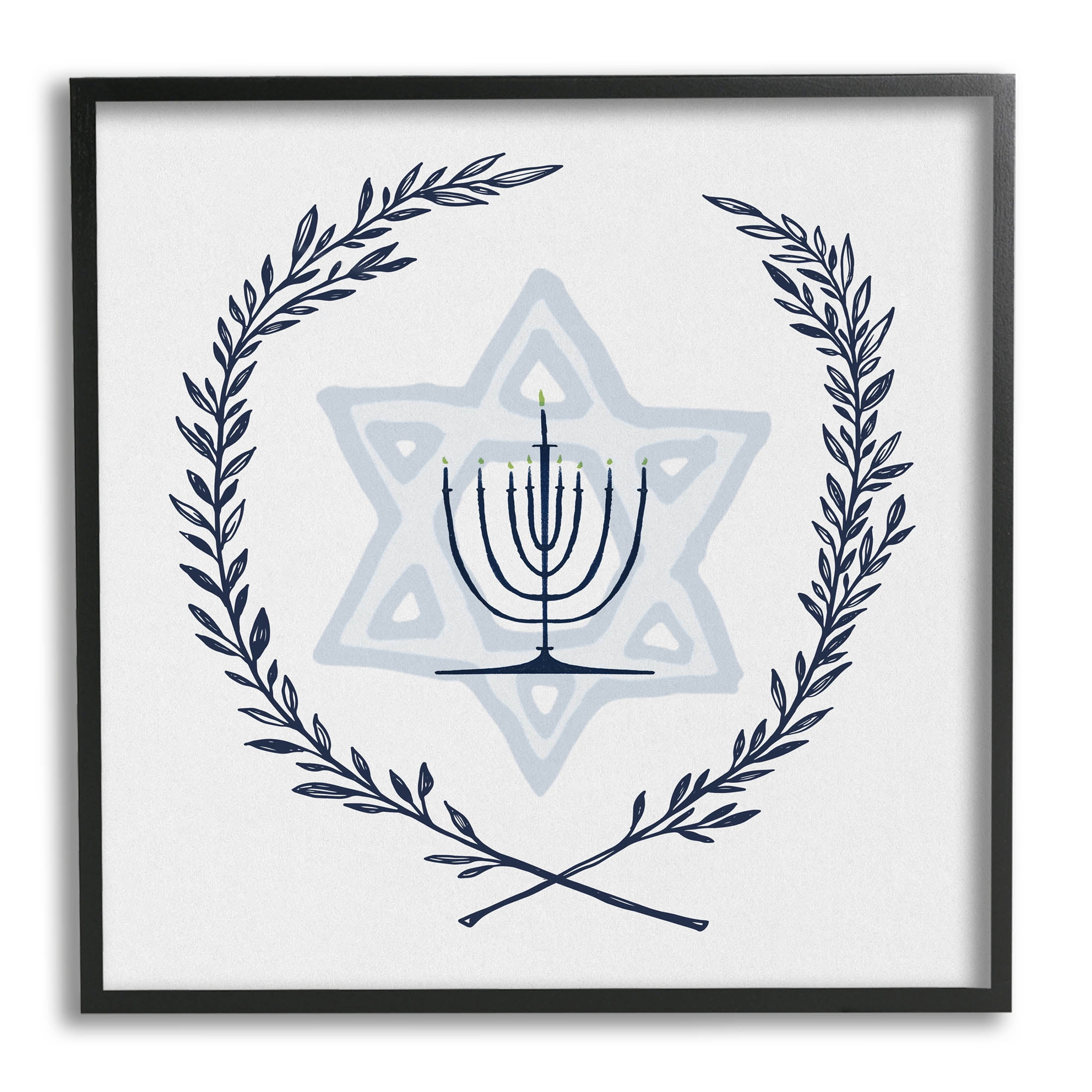 Stupell Industries Hanukkah Menorah Botanical Laurel Graphic Art Black Framed Art Print Wall Art, Design by Susan Jill