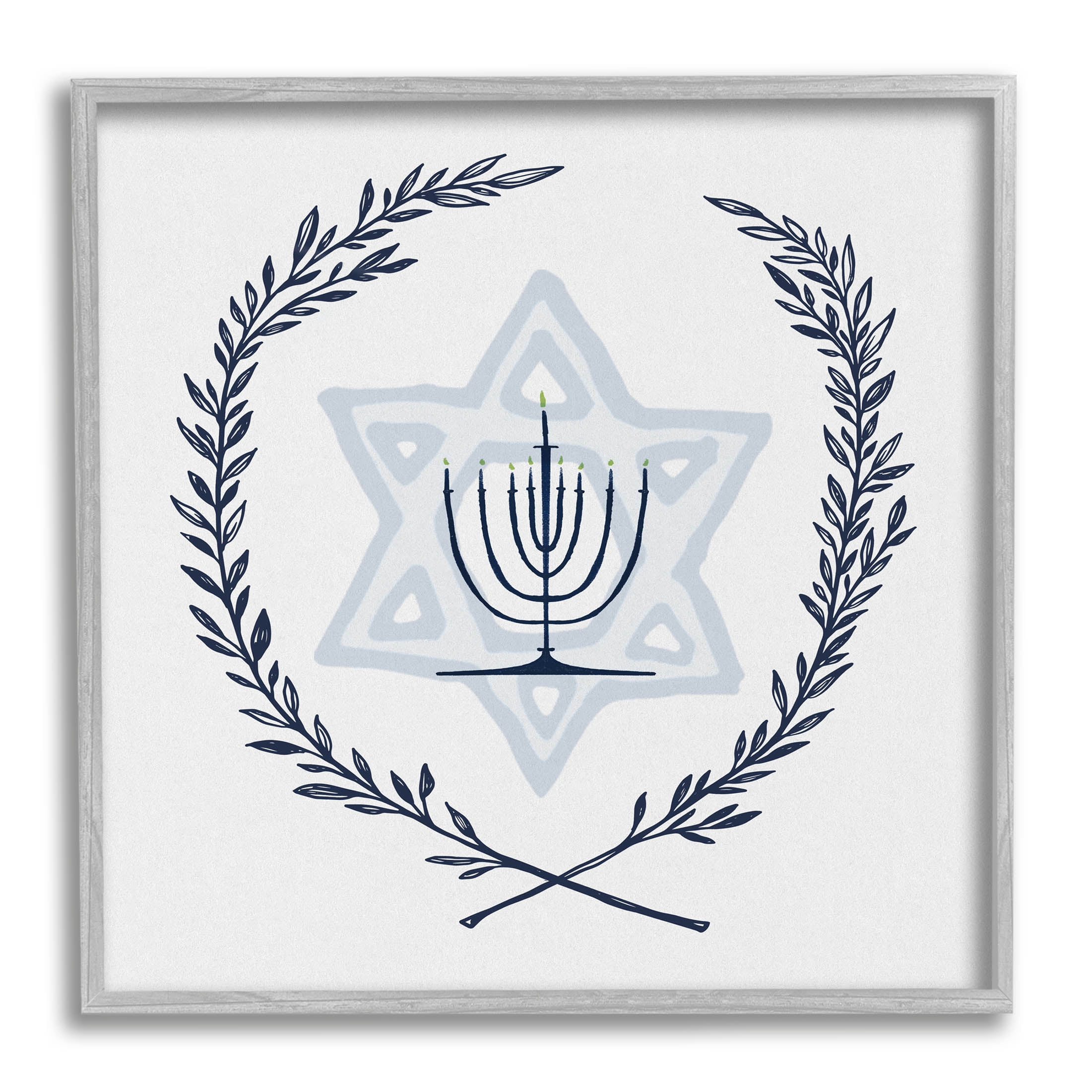 Stupell Industries Hanukkah Menorah Botanical Laurel Graphic Art Gray Framed Art Print Wall Art, Design by Susan Jill