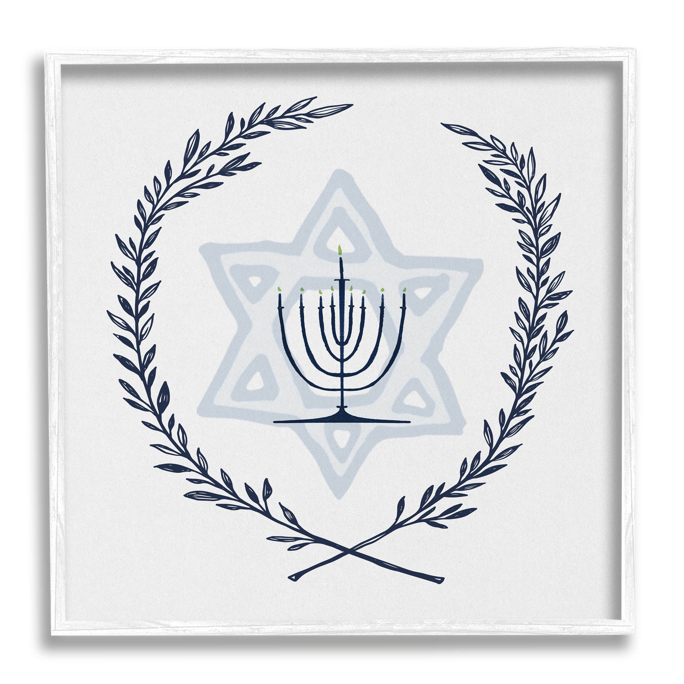 Stupell Industries Hanukkah Menorah Botanical Laurel Graphic Art White Framed Art Print Wall Art, Design by Susan Jill