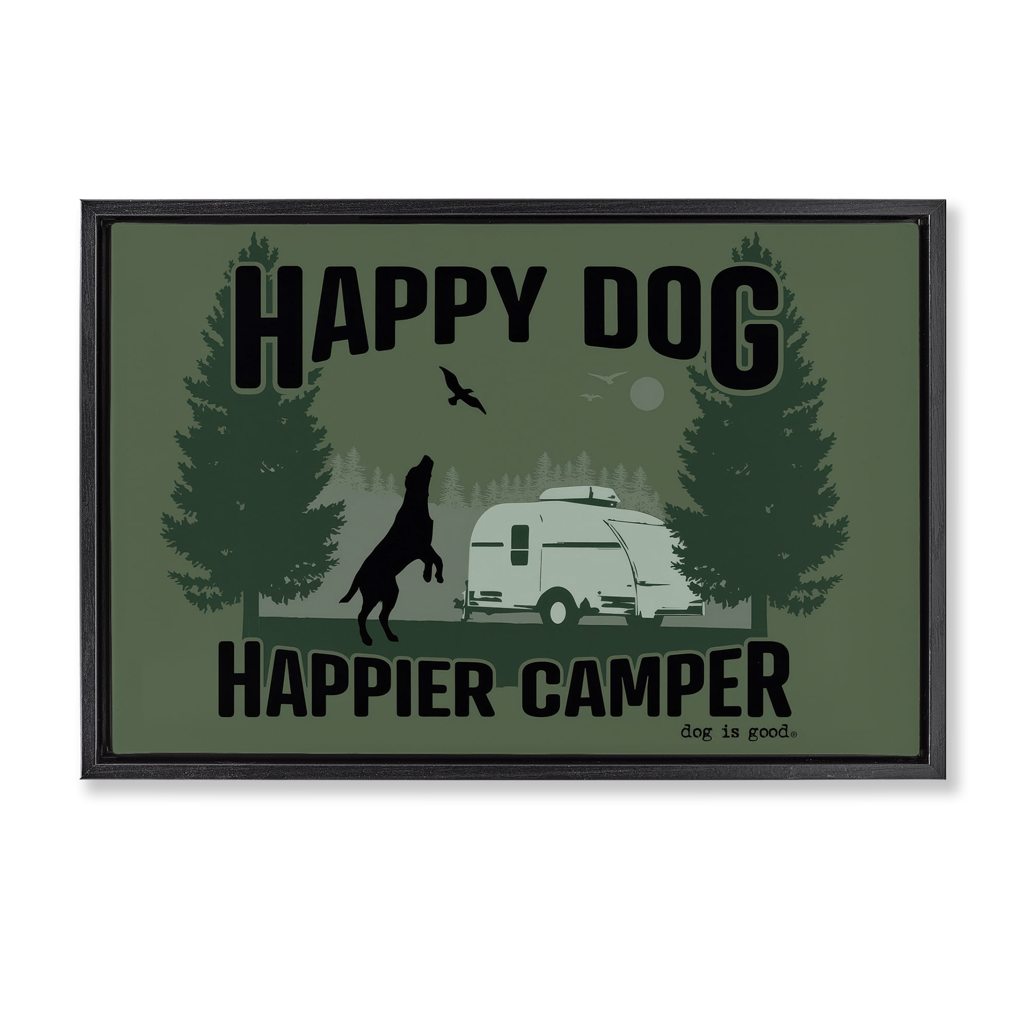 Stupell Industries Happier Camper with Dog Animals Painting Black Floater Framed Canvas Art Print Wall Art, 25 x 17