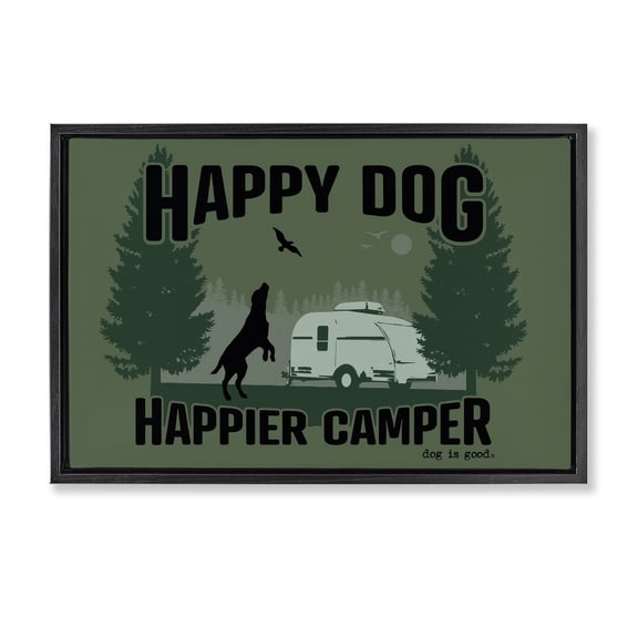Stupell Industries Happier Camper with Dog Animals Painting Black Floater Framed Canvas Art Print Wall Art, 25 x 17